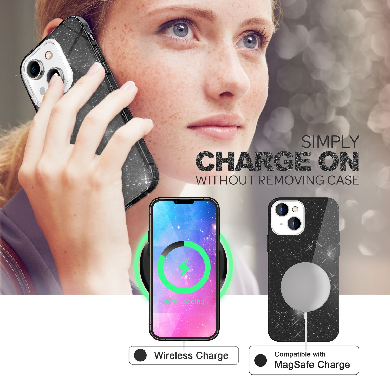 Hülle für iPhone 14 Plus - Glitzer Cover Hybrid Silikon Handyhülle Glitter Case Schwarz NALIA Protective Hülle