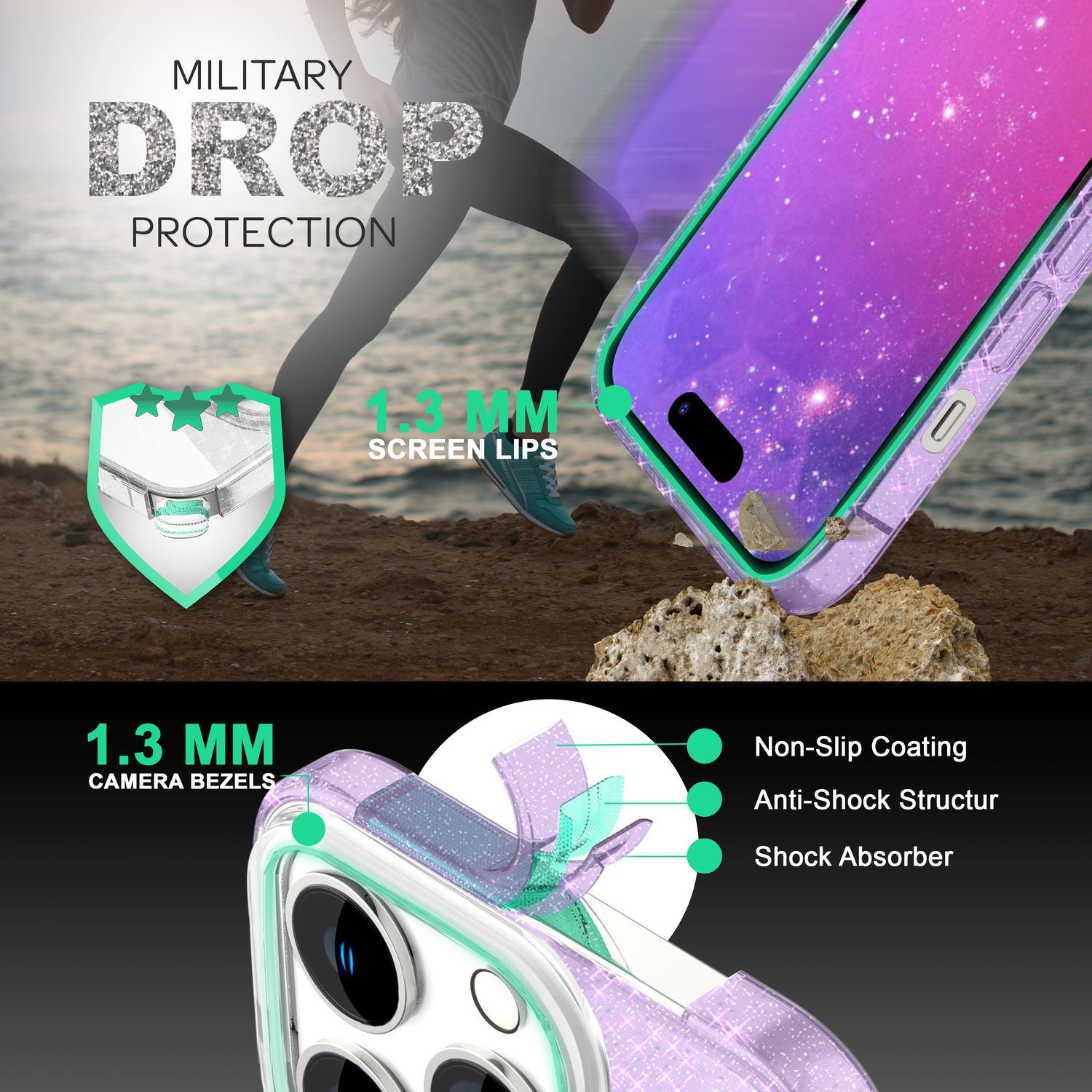 Hülle für iPhone 14 Pro - Glitzer Cover Bling Silikon Handyhülle Glitter Case Lila NALIA Protective Hülle