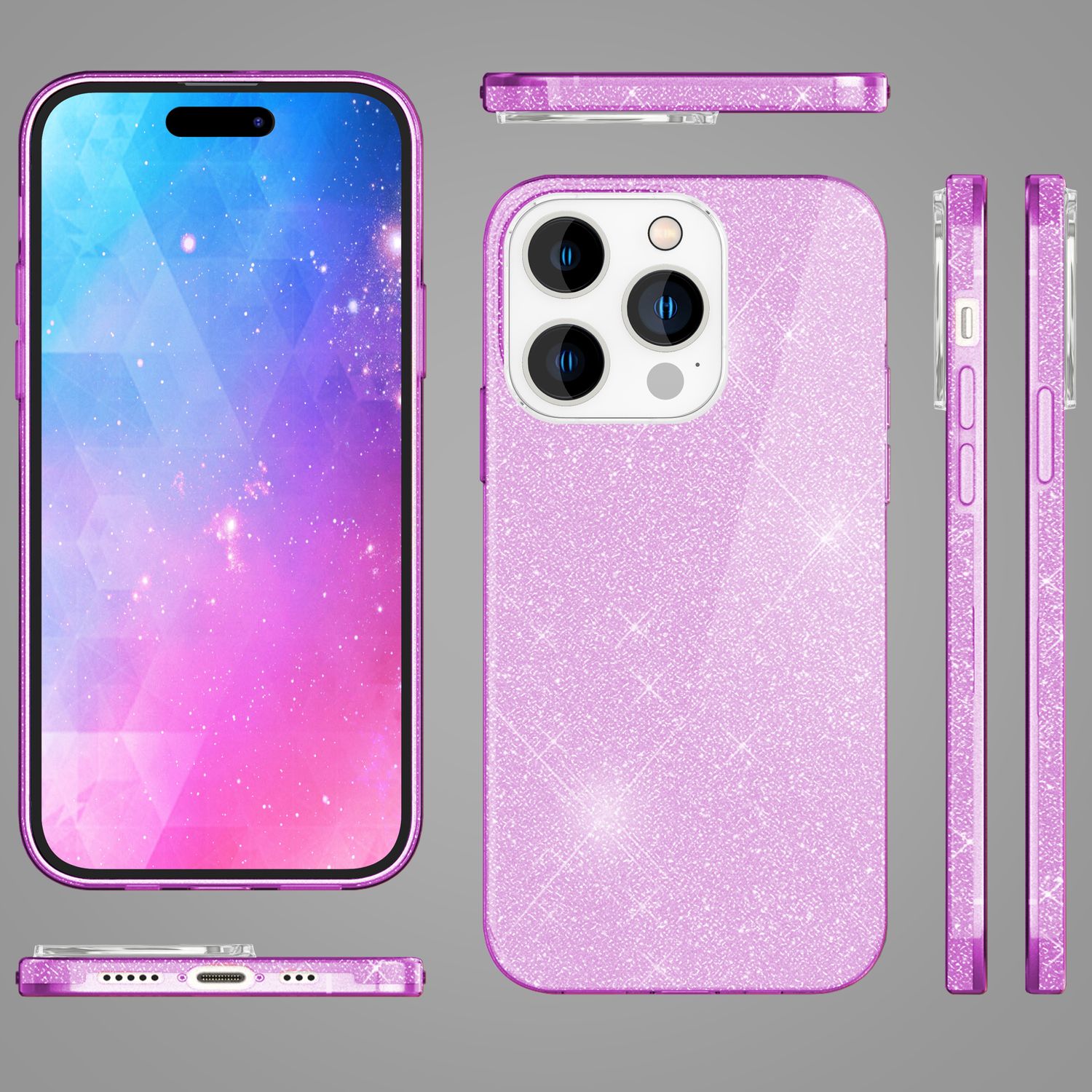 Hülle für iPhone 14 Pro - Glitzer Cover Bling Silikon Handyhülle Glitter Case Lila NALIA Protective Hülle