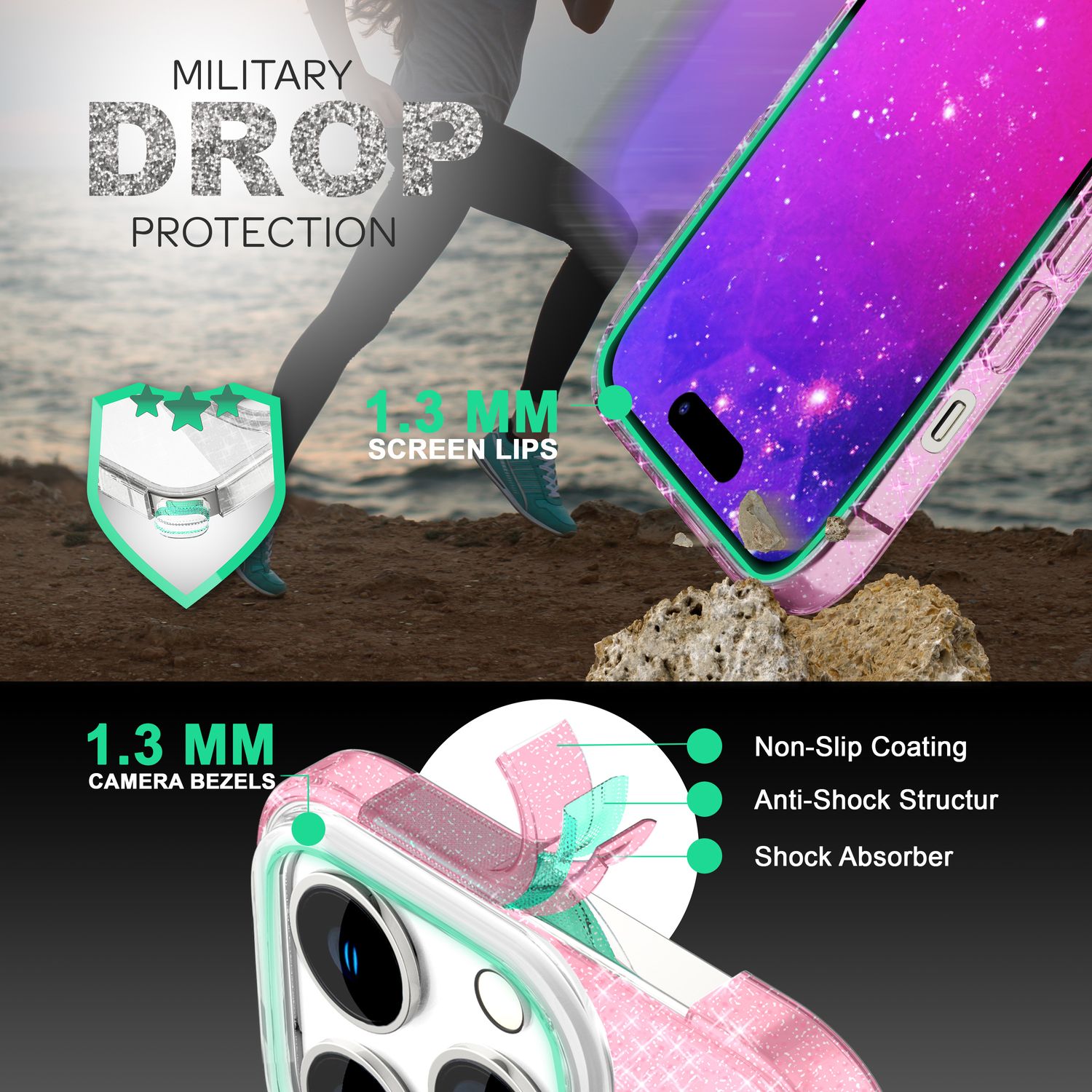 Hülle für iPhone 14 Pro - Glitzer Cover Bling Silikon Handyhülle Glitter Case Pink NALIA Protective Hülle