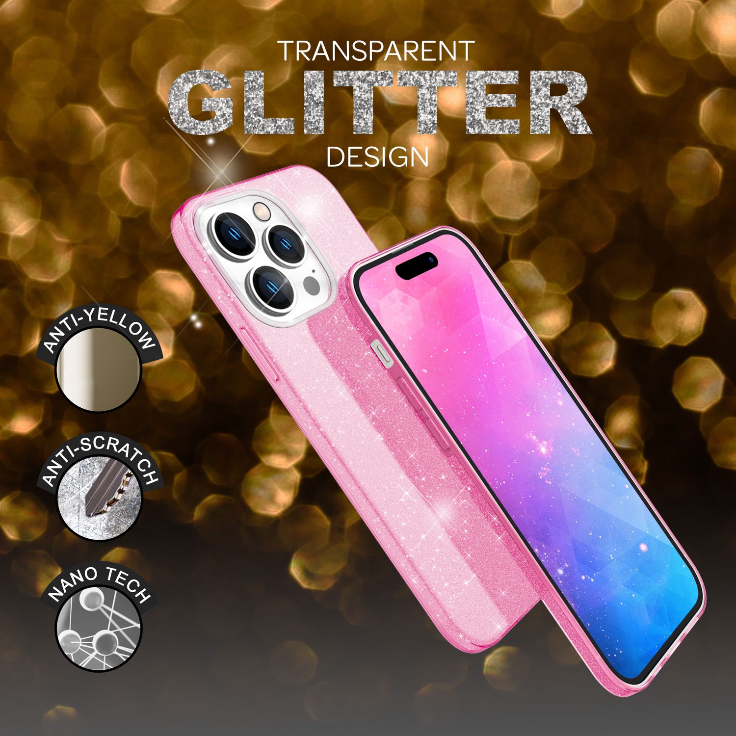 Hülle für iPhone 14 Pro - Glitzer Cover Bling Silikon Handyhülle Glitter Case Pink NALIA Protective Hülle