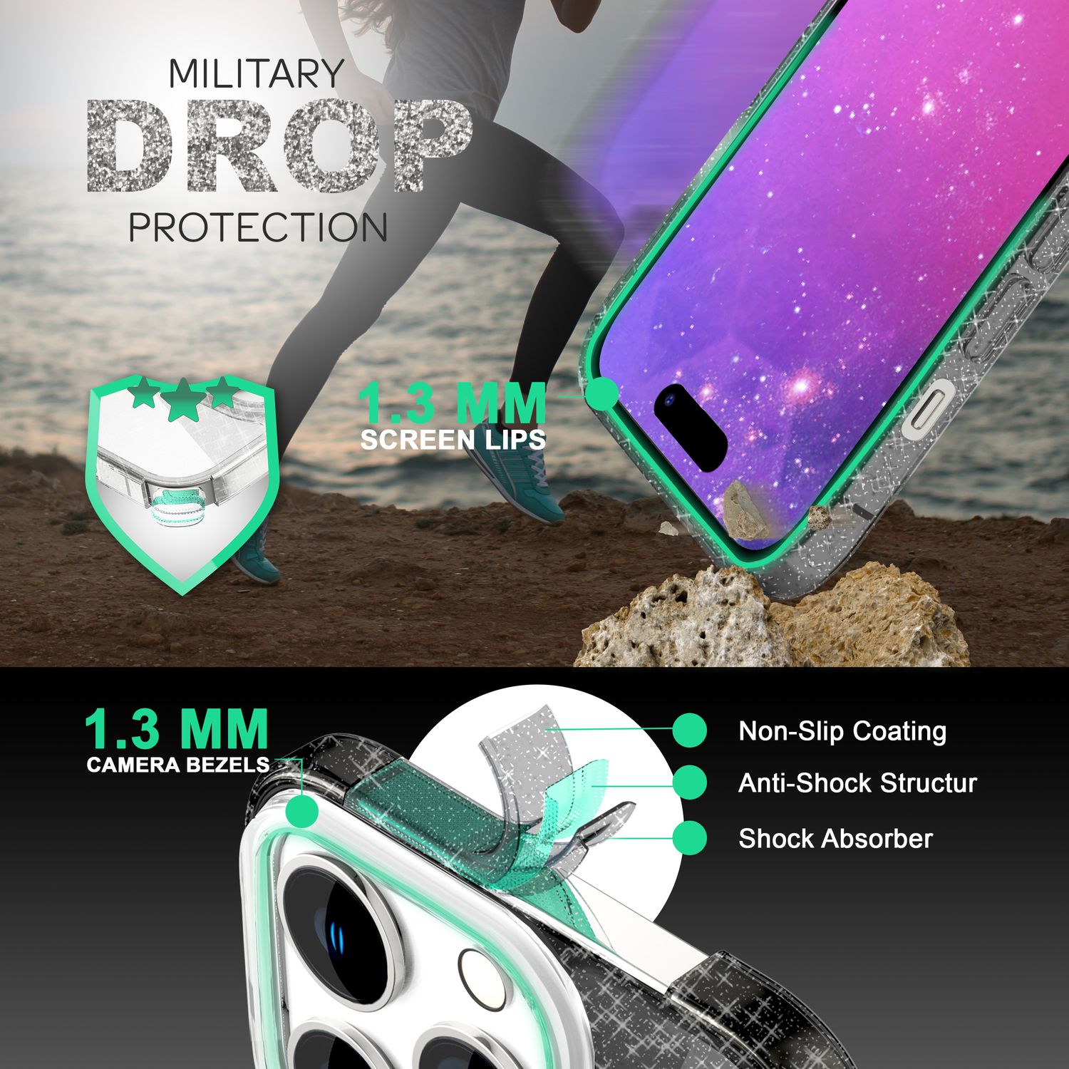 Hülle für iPhone 14 Pro - Glitzer Cover Bling Silikon Handyhülle Glitter Case Schwarz NALIA Protective Hülle