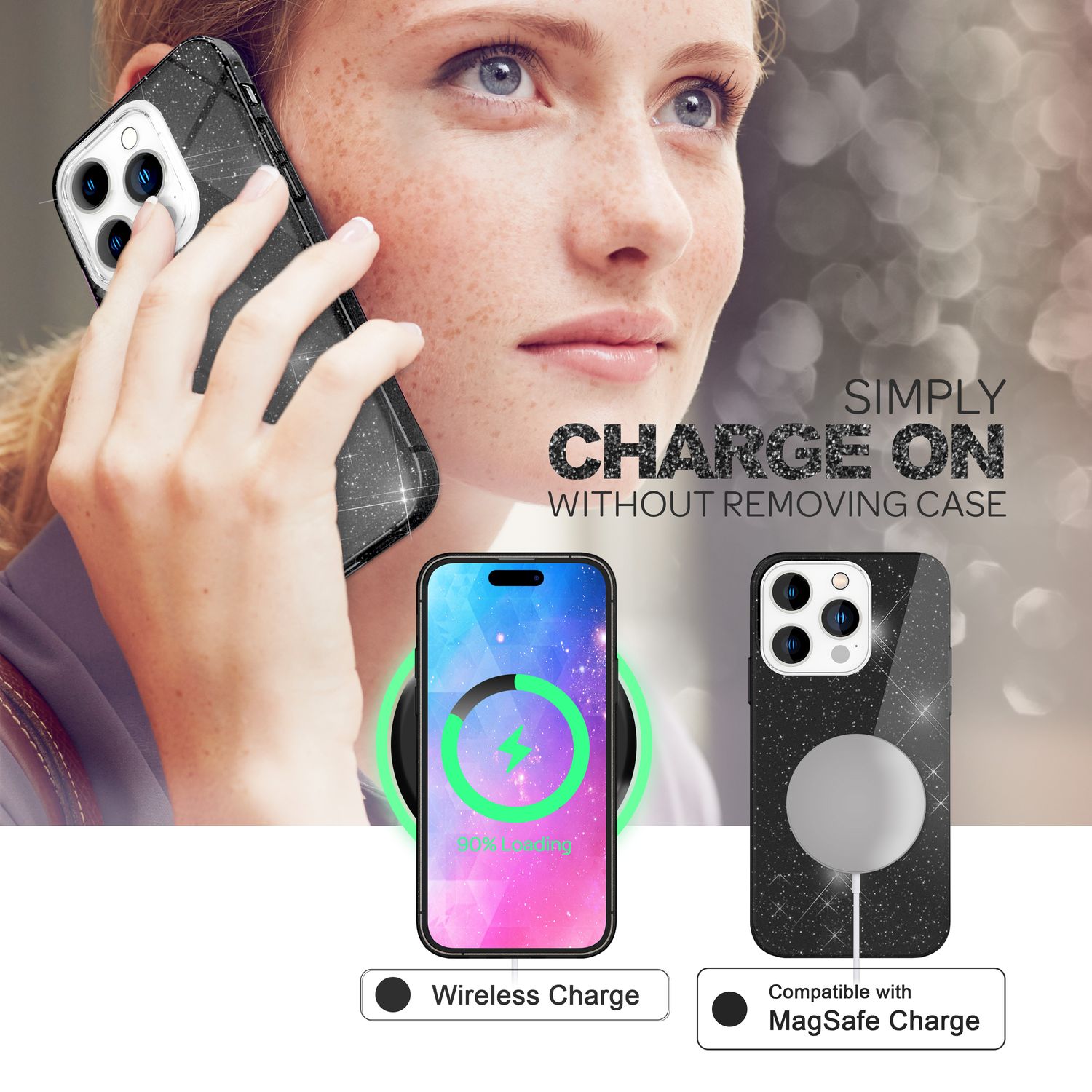 Hülle für iPhone 14 Pro - Glitzer Cover Bling Silikon Handyhülle Glitter Case Schwarz NALIA Protective Hülle