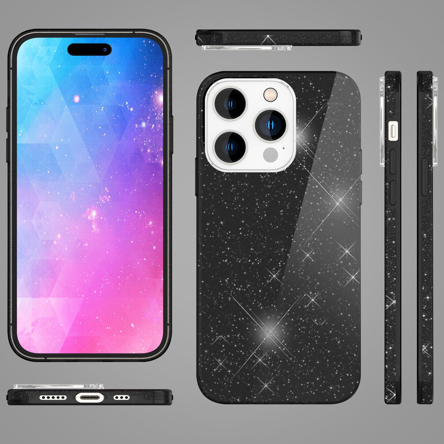 Hülle für iPhone 14 Pro - Glitzer Cover Bling Silikon Handyhülle Glitter Case Schwarz NALIA Protective Hülle