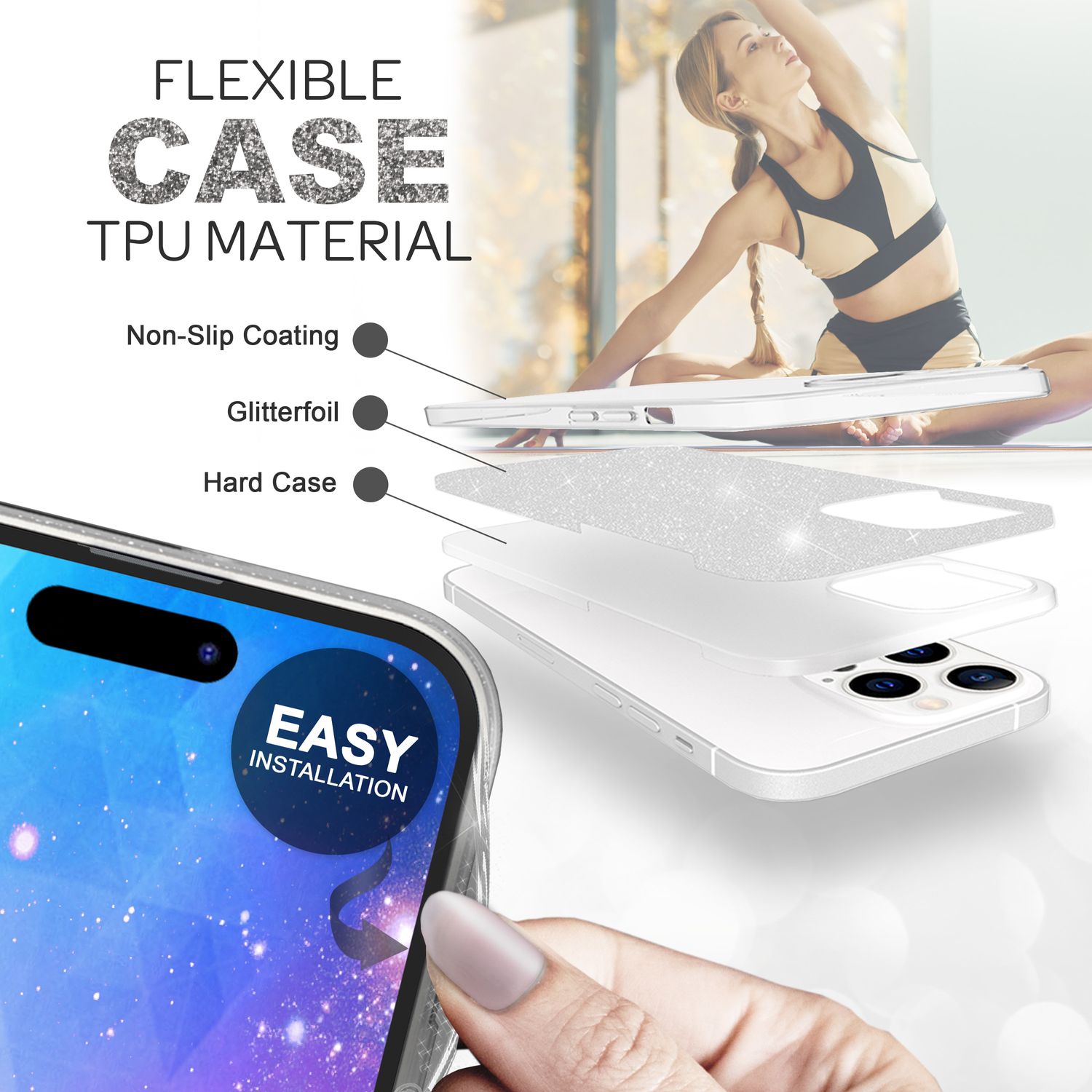 Hülle für iPhone 14 Pro Max - Glitzer Silikon Handyhülle Diamant Glitter Case Silber NALIA Protective Hülle