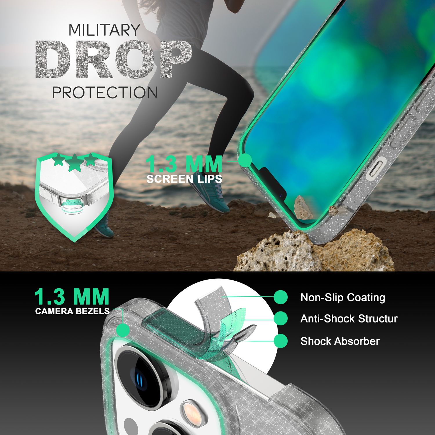 Für iPhone 14 Plus Hülle Glitzer Handyhülle Durchsichtig Glitter Cover Etui Case Schwarz NALIA Transparente Hülle