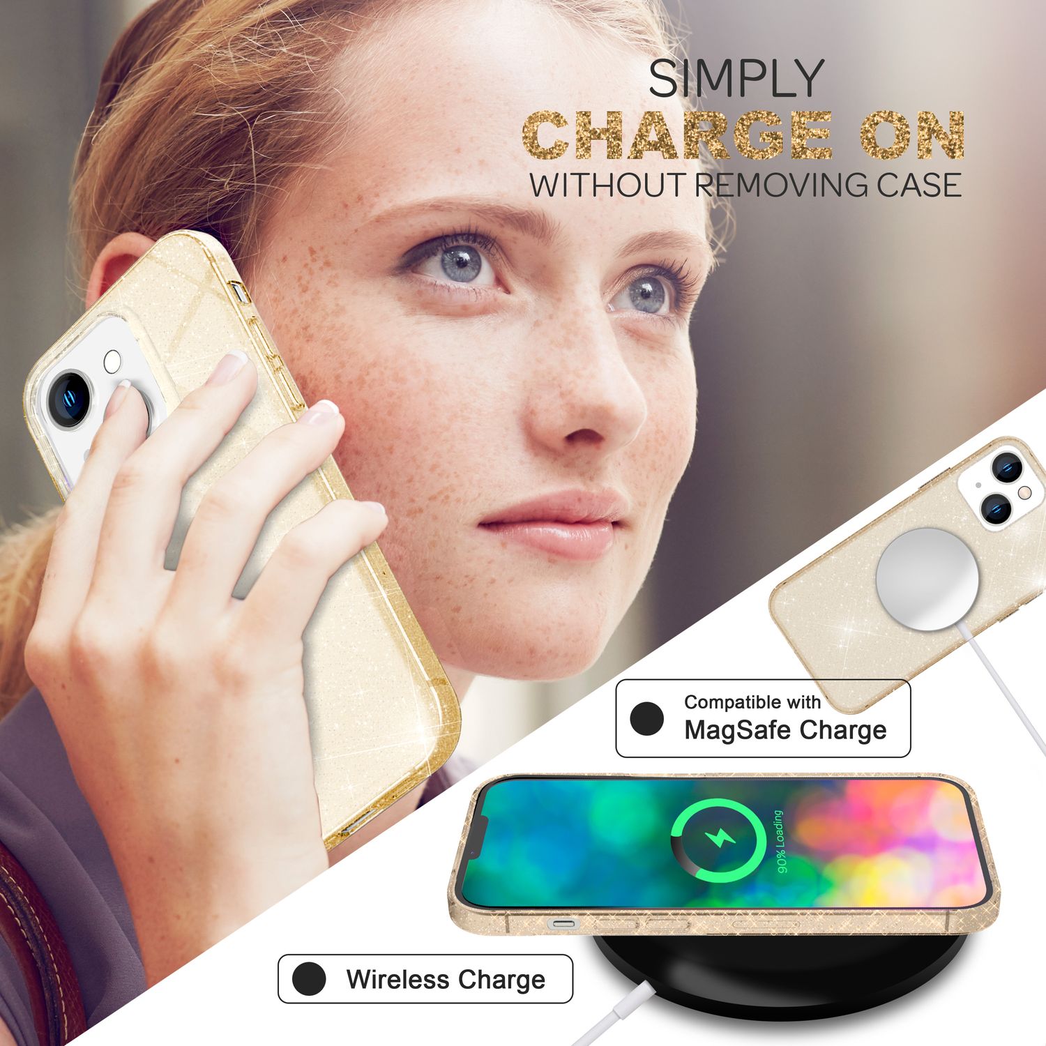 Für iPhone 14 Plus Hülle Glitzer Handyhülle Durchsichtig Glitter Cover Etui Case Gold NALIA Transparente Hülle