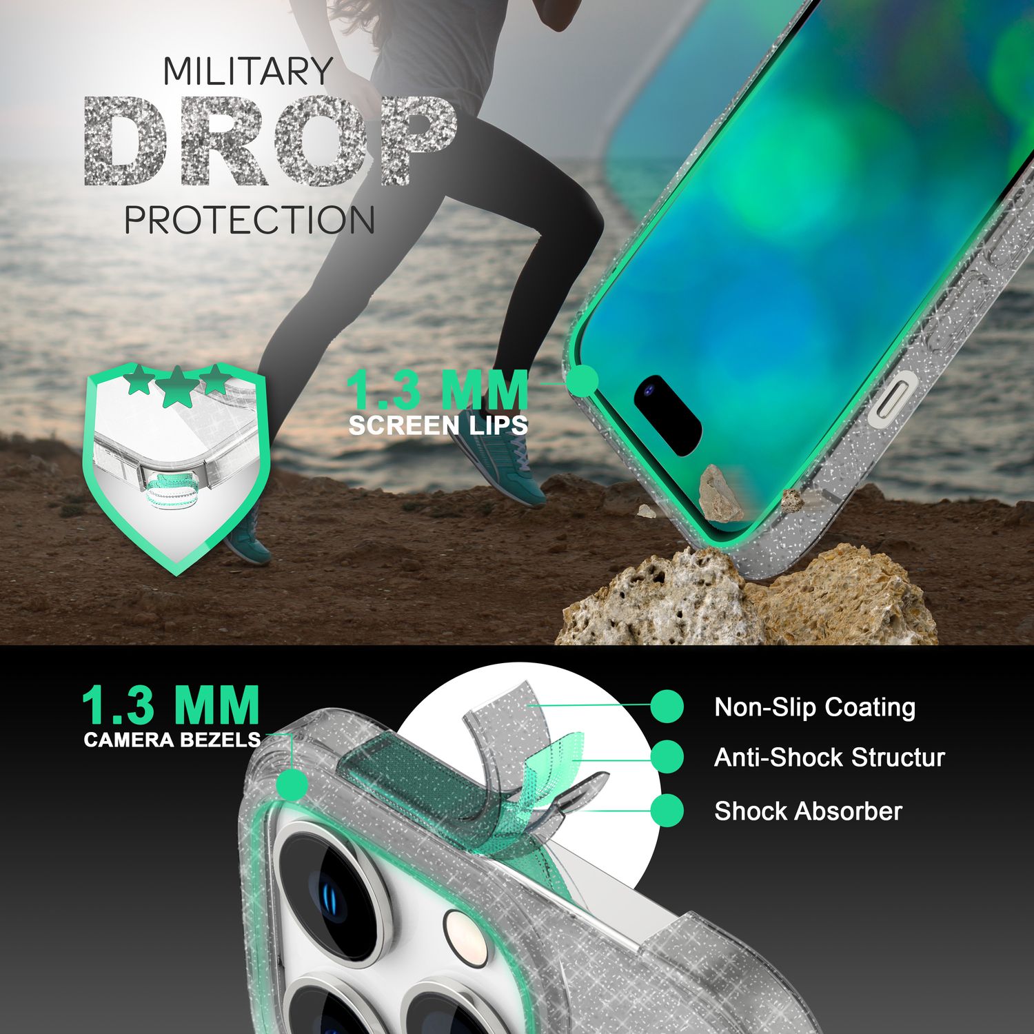 Hülle für iPhone 14 Pro - Glitzer Handyhülle Durchsichtig Anti-Gelb Glitter Case Schwarz NALIA Transparente Hülle