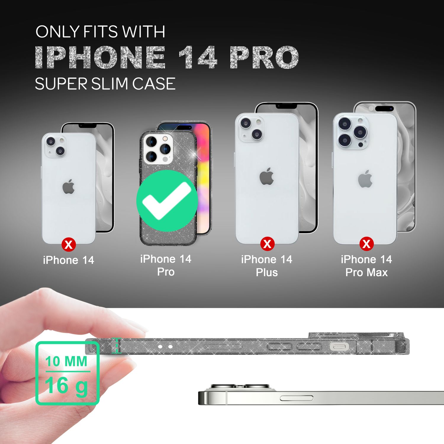 Hülle für iPhone 14 Pro - Glitzer Handyhülle Durchsichtig Anti-Gelb Glitter Case Schwarz NALIA Transparente Hülle