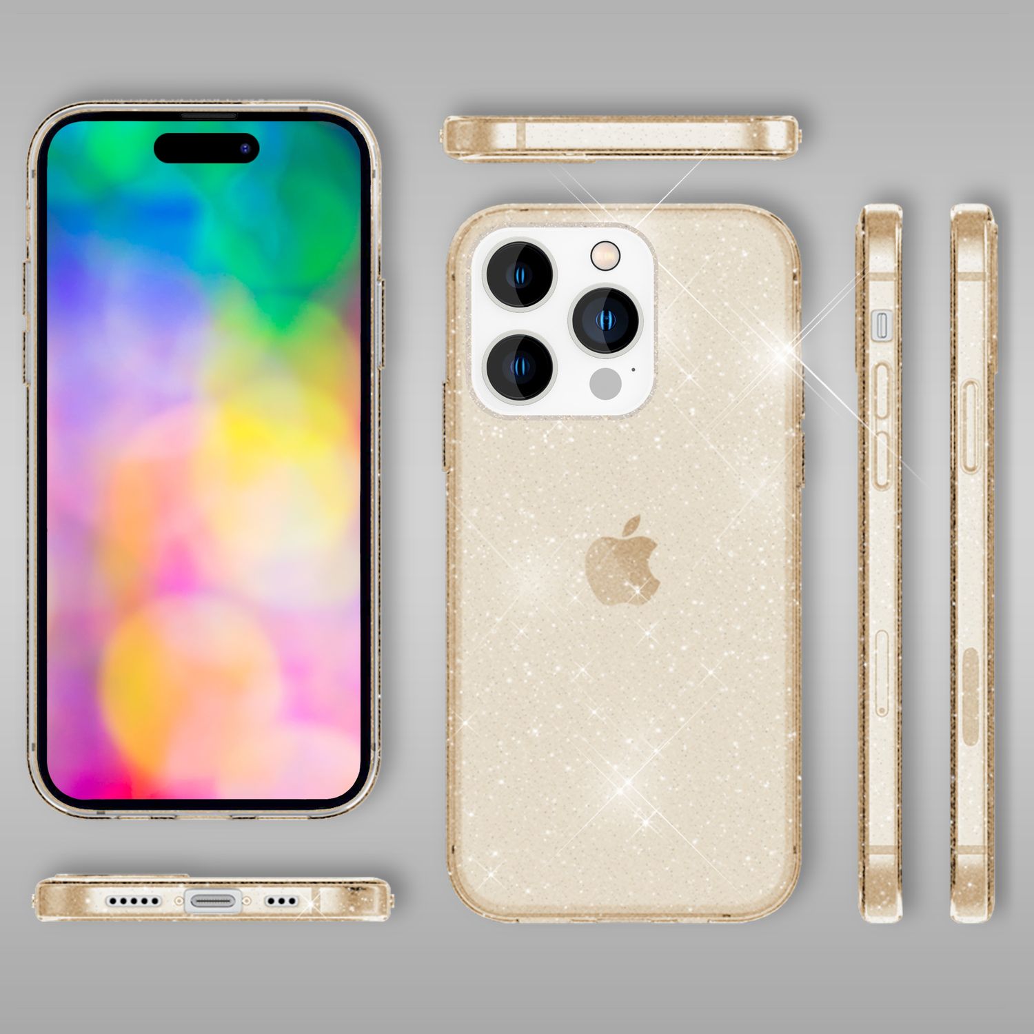 Hülle für iPhone 14 Pro - Glitzer Handyhülle Durchsichtig Anti-Gelb Glitter Case Gold NALIA Transparente Hülle