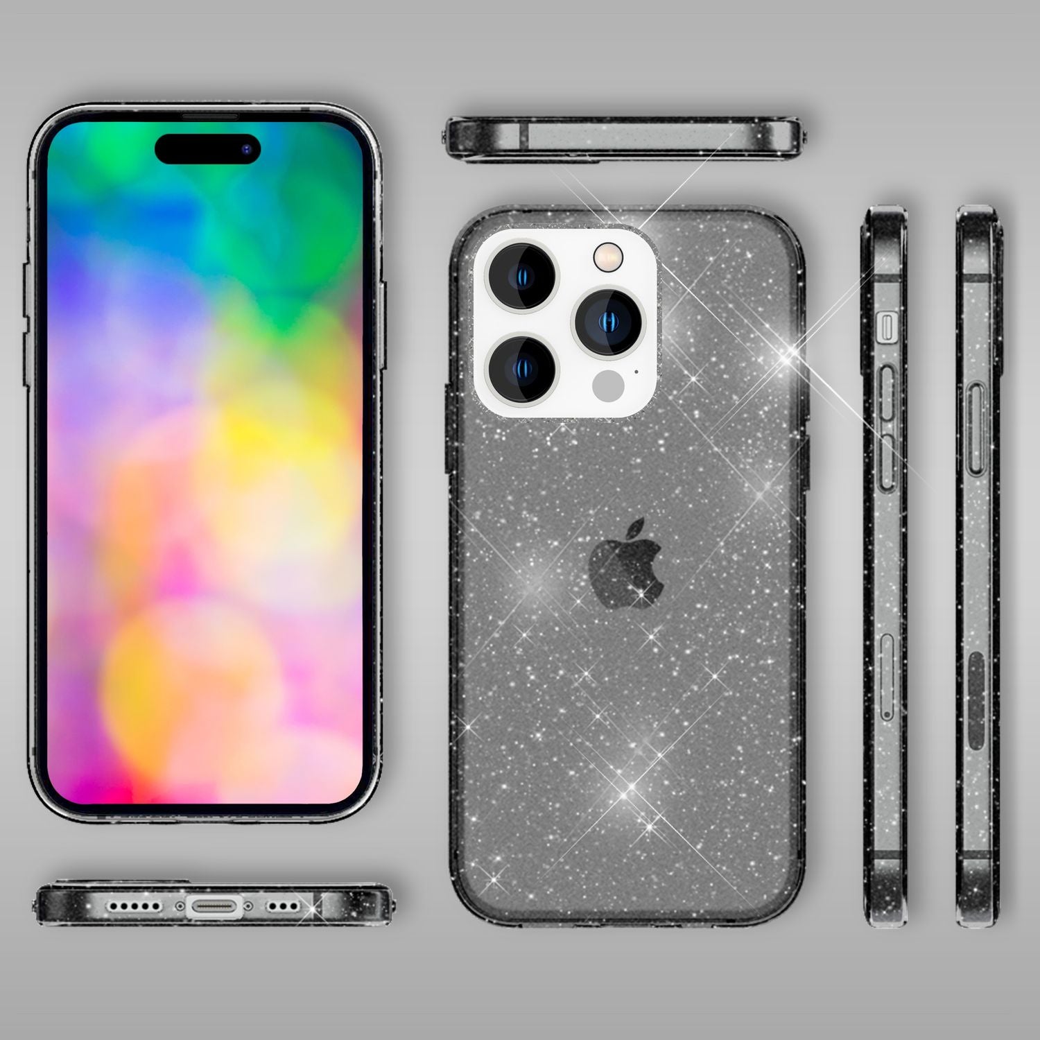 Hülle für iPhone 14 Pro - Glitzer Handyhülle Durchsichtig Anti-Gelb Glitter Case Schwarz NALIA Transparente Hülle