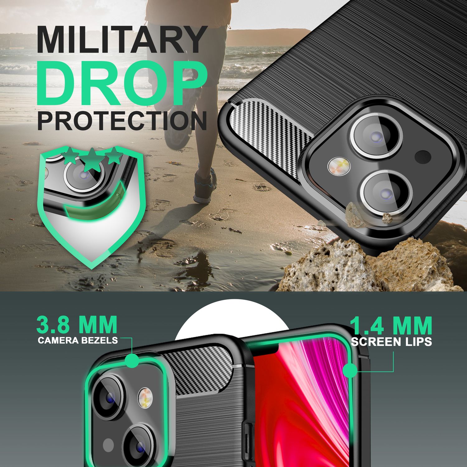 Hülle für iPhone 14 - Carbon Look Matt Schwarz Rutschfest Kratzfest Handyhülle Default Title NALIA Protective Hülle