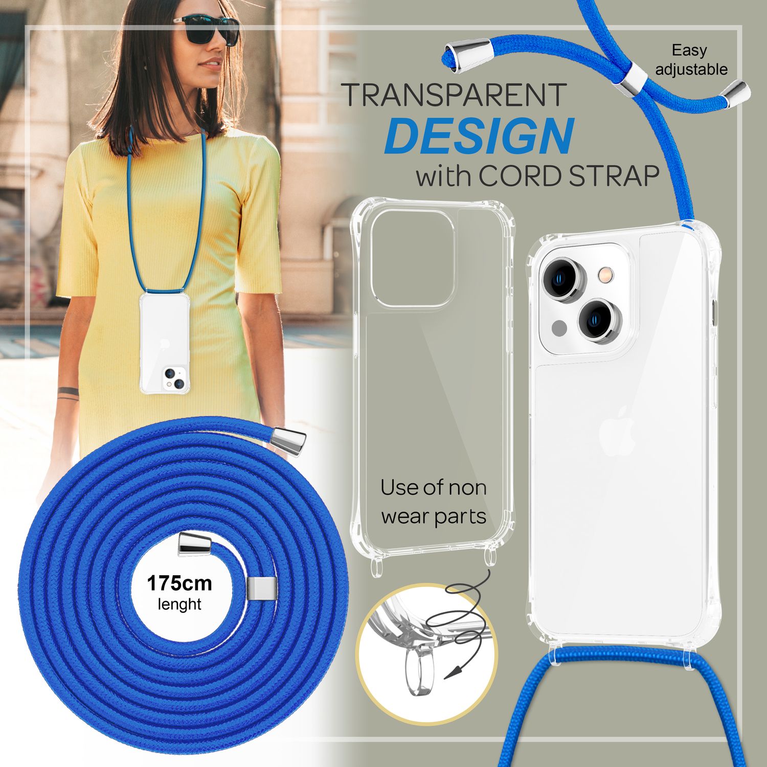 Hülle mit Kette für iPhone 14 - Klare Handyhülle mit Schnur Band zum Umhängen Blau NALIA Transparente Hülle