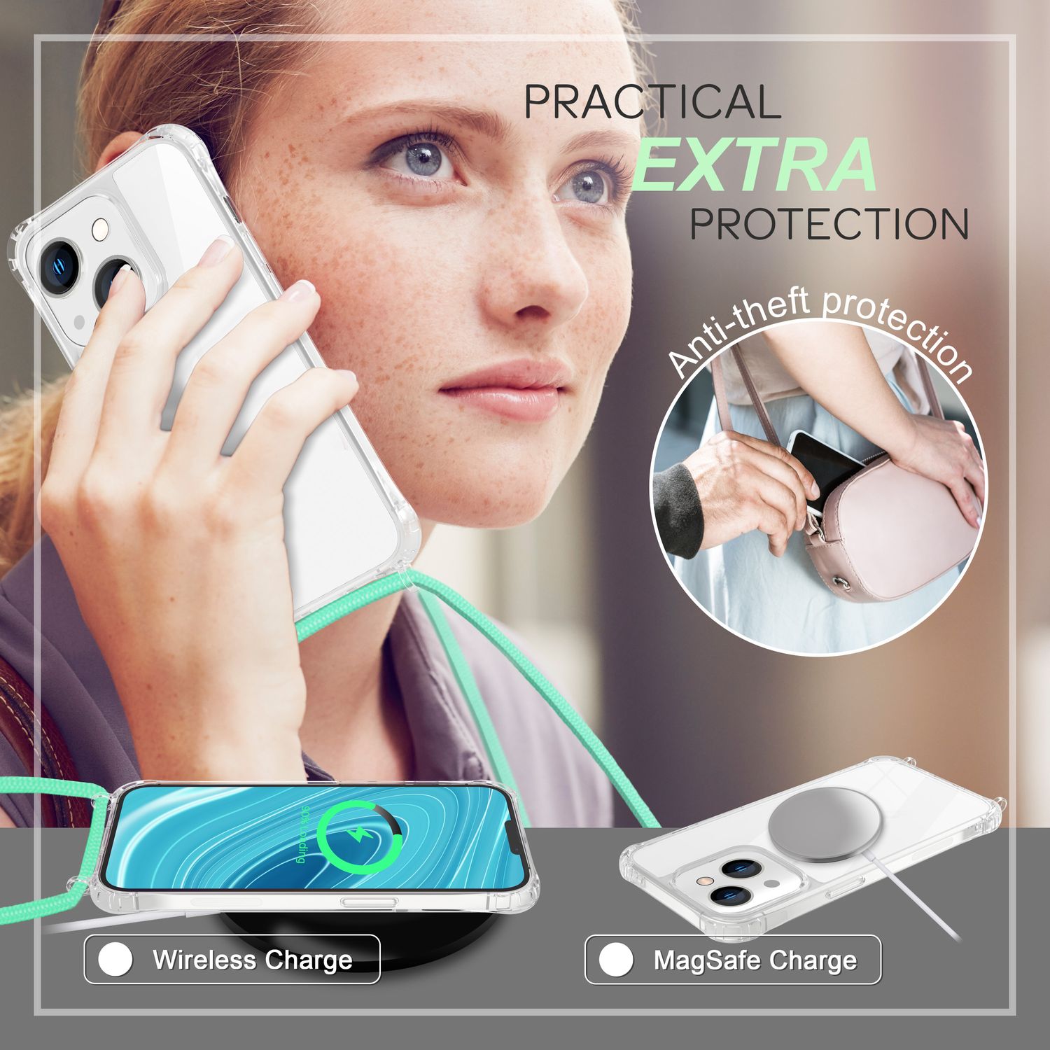 Hülle mit Kette für iPhone 14 - Klare Handyhülle mit Schnur Band zum Umhängen Mint-Grün NALIA Transparente Hülle