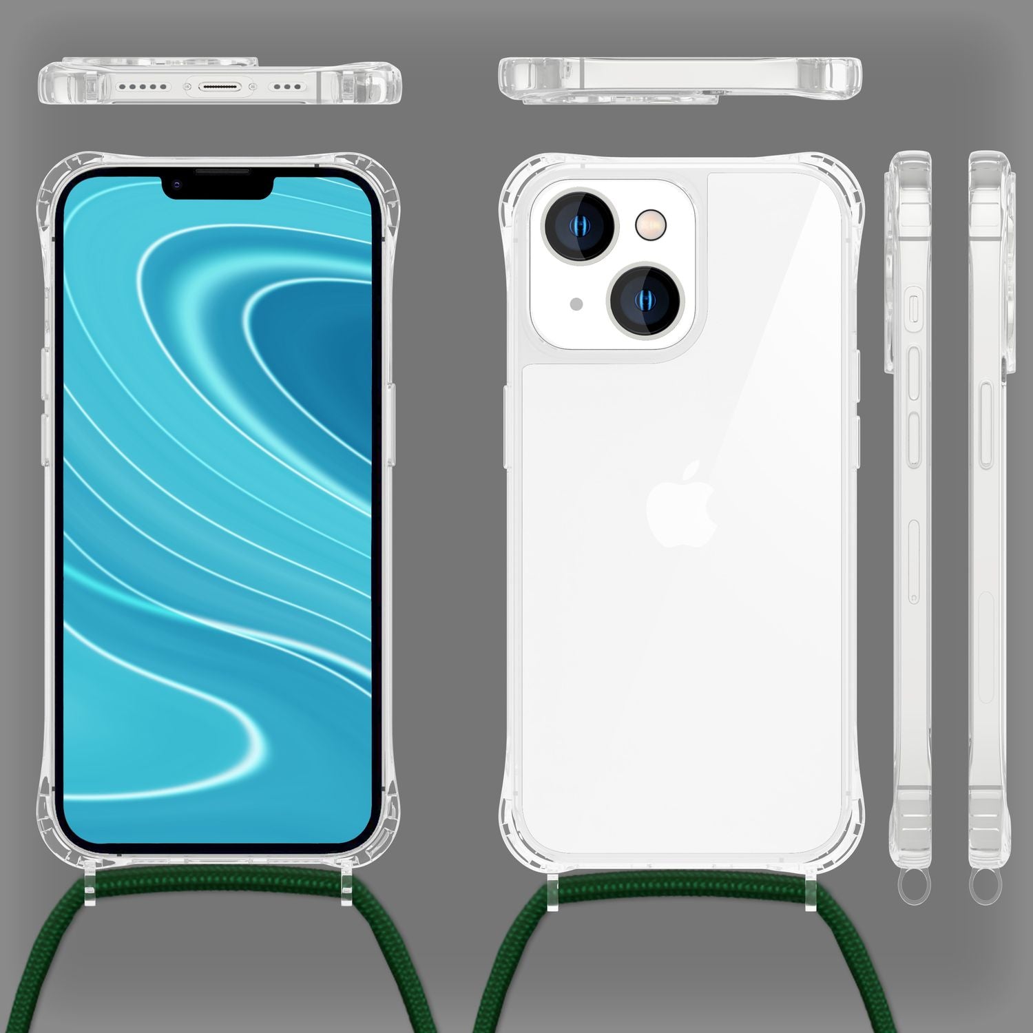 Hülle mit Kette für iPhone 14 - Klare Handyhülle mit Schnur Band zum Umhängen Dunkel-Grün NALIA Transparente Hülle