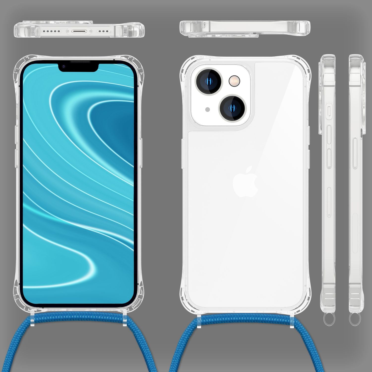 Hülle mit Kette für iPhone 14 - Klare Handyhülle mit Schnur Band zum Umhängen Blau NALIA Transparente Hülle