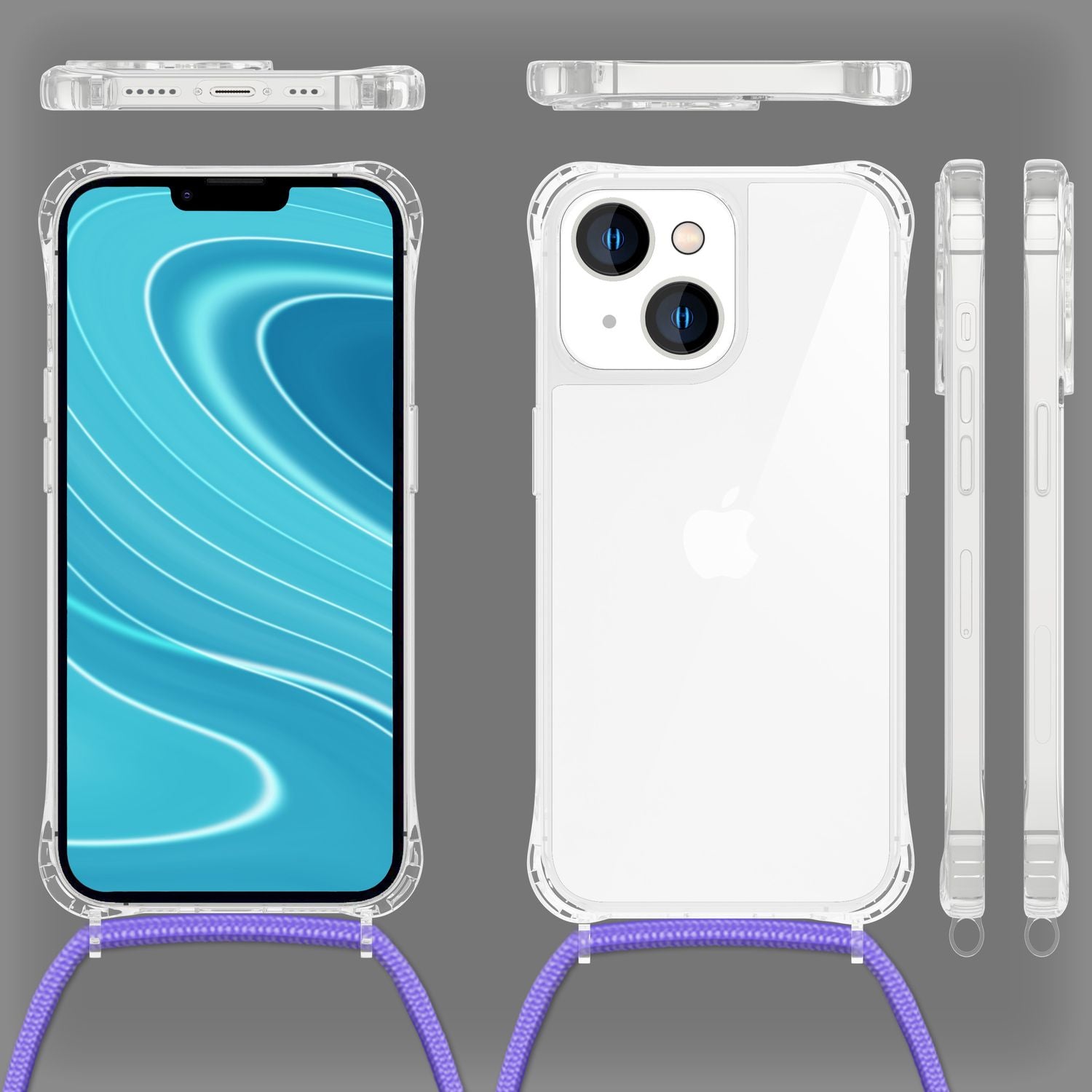Hülle mit Kette für iPhone 14 - Klare Handyhülle mit Schnur Band zum Umhängen Lila NALIA Transparente Hülle