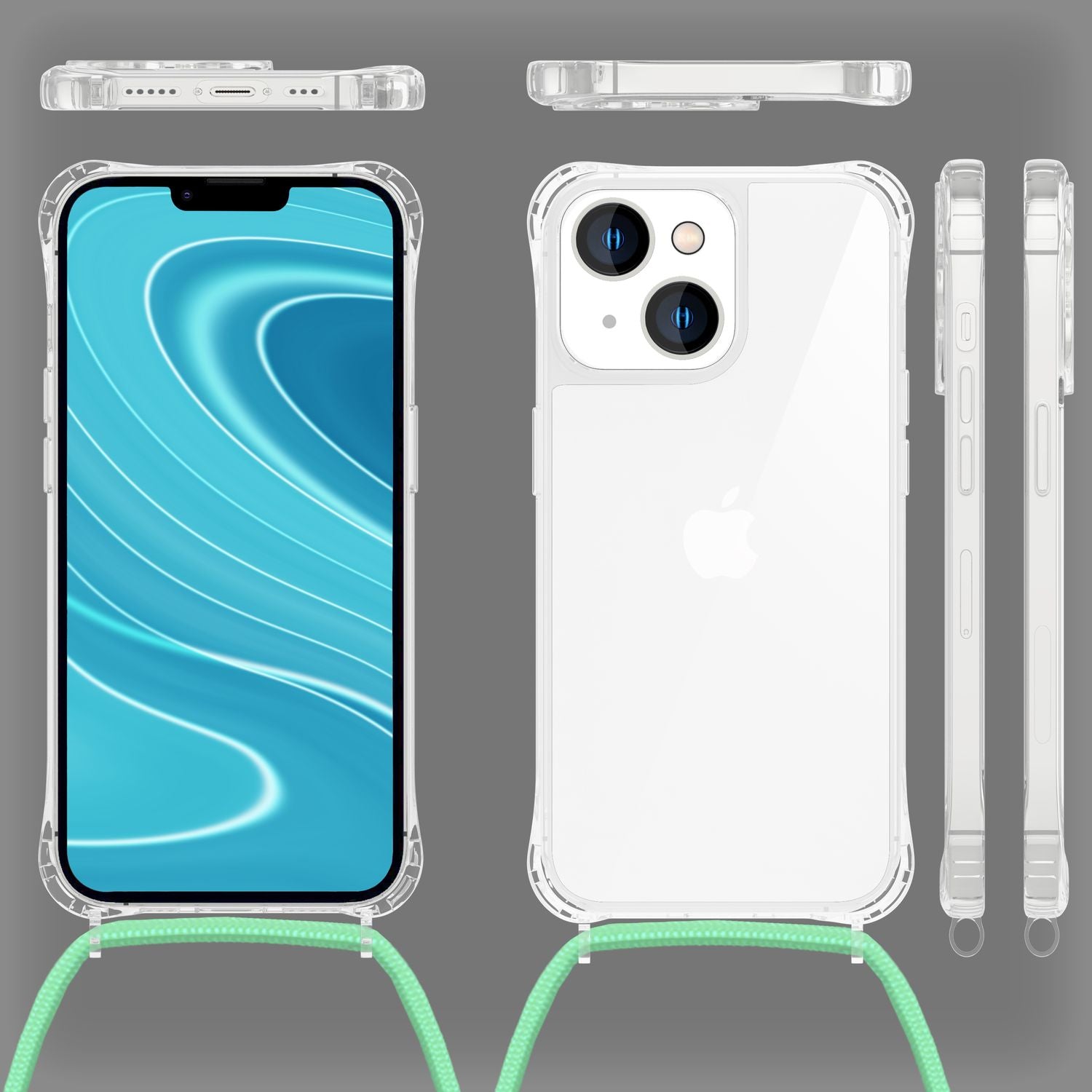 Hülle mit Kette für iPhone 14 - Klare Handyhülle mit Schnur Band zum Umhängen Mint-Grün NALIA Transparente Hülle
