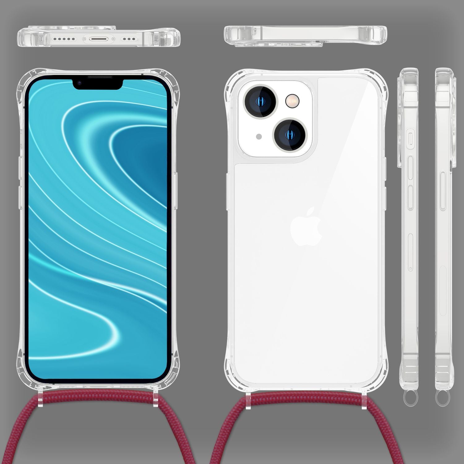 Hülle mit Kette für iPhone 14 - Klare Handyhülle mit Schnur Band zum Umhängen Rot NALIA Transparente Hülle