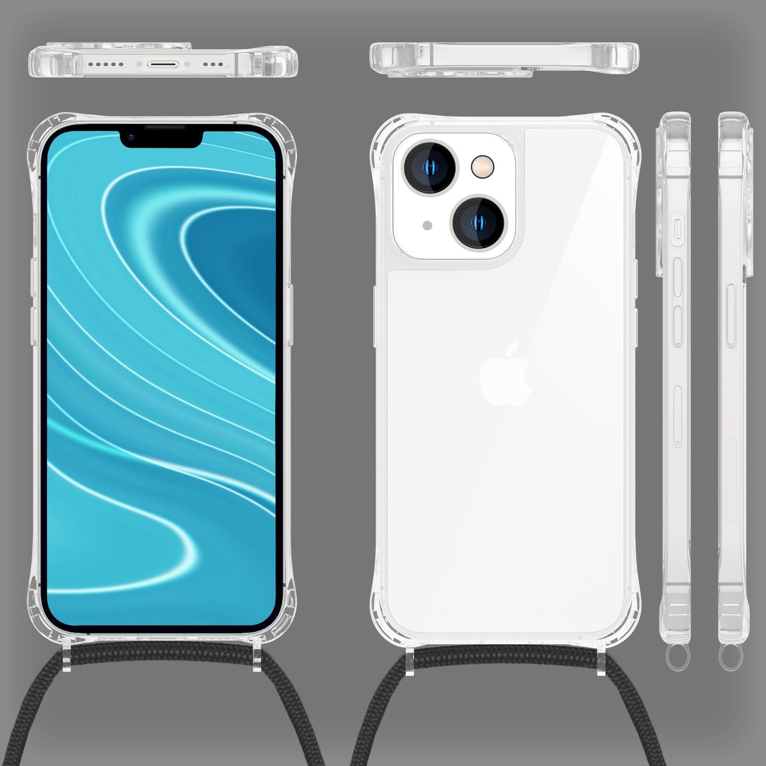 Hülle mit Kette für iPhone 14 - Klare Handyhülle mit Schnur Band zum Umhängen Schwarz NALIA Transparente Hülle