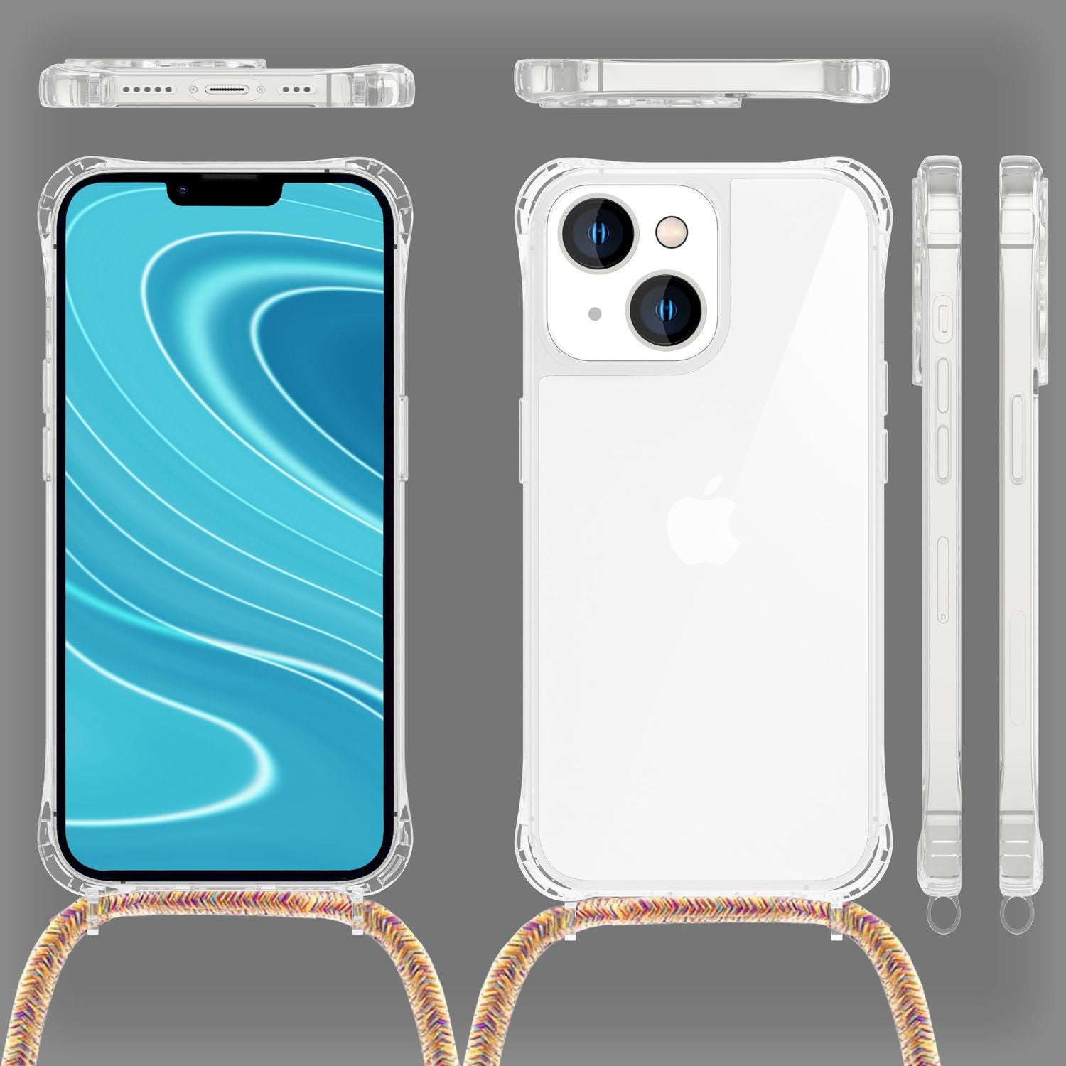 Für iPhone 14 Plus Hülle mit Band Handyhülle Schnur Handykette Kordel Umhängen Regenbogen NALIA Transparente Hülle