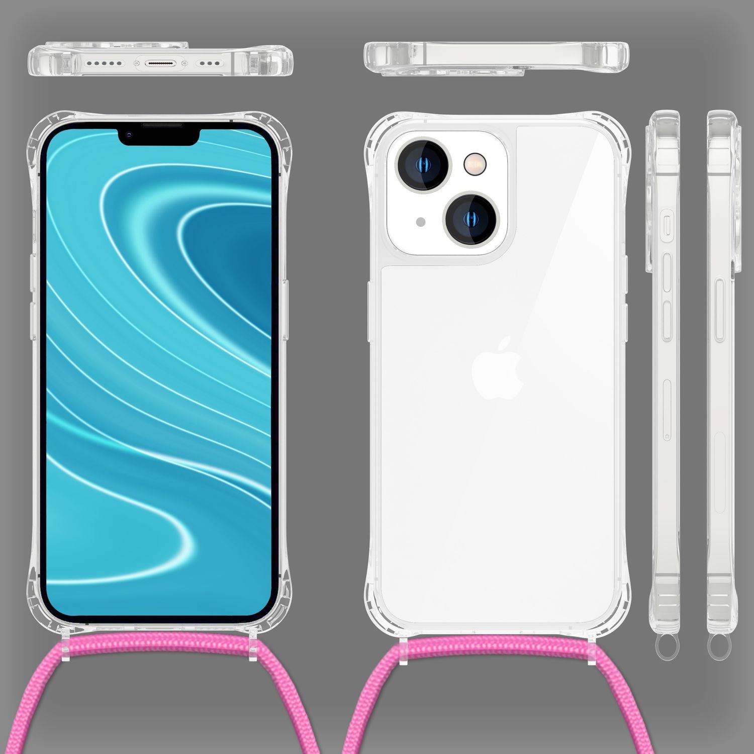 Für iPhone 14 Plus Hülle mit Band Handyhülle Schnur Handykette Kordel Umhängen Pink NALIA Transparente Hülle