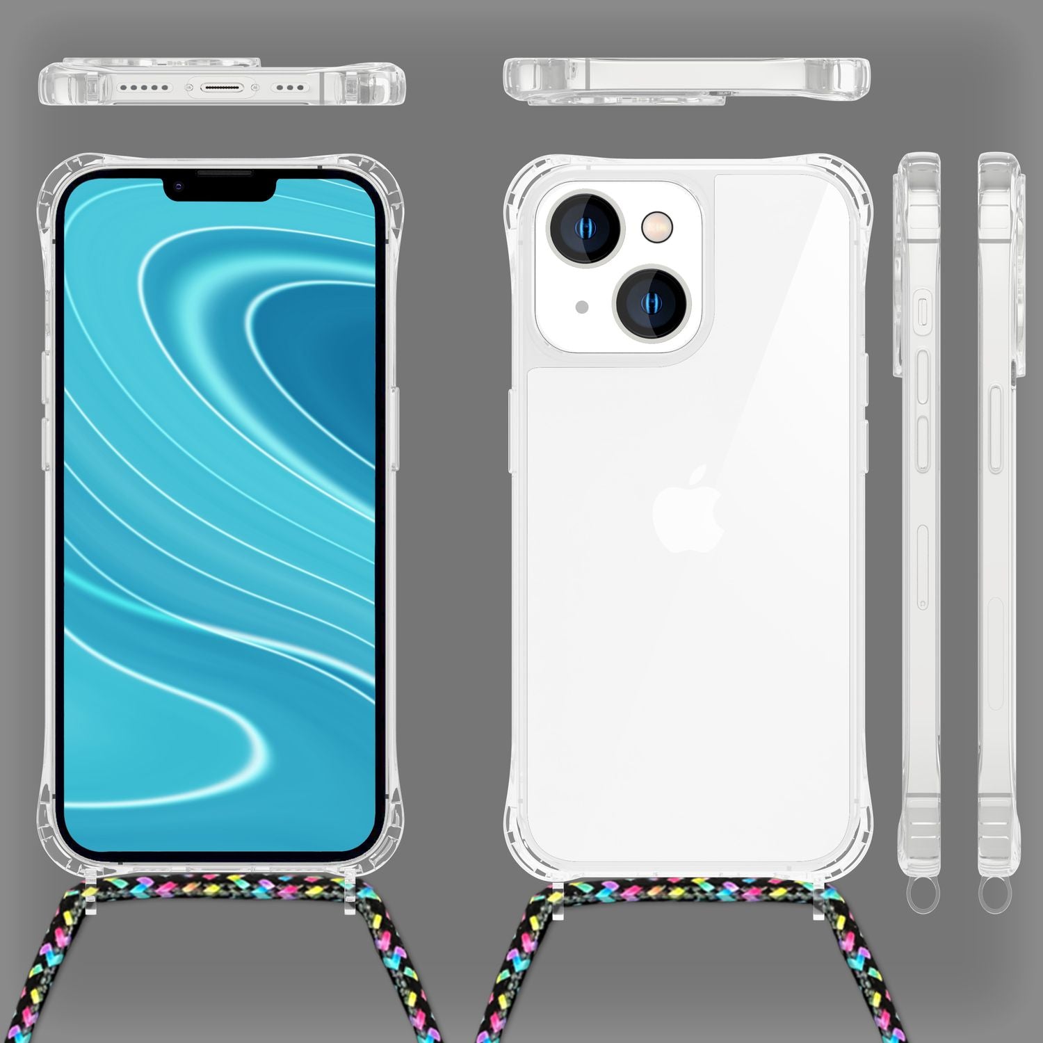 Für iPhone 14 Plus Hülle mit Band Handyhülle Schnur Handykette Kordel Umhängen Schwarz Bunt NALIA Transparente Hülle