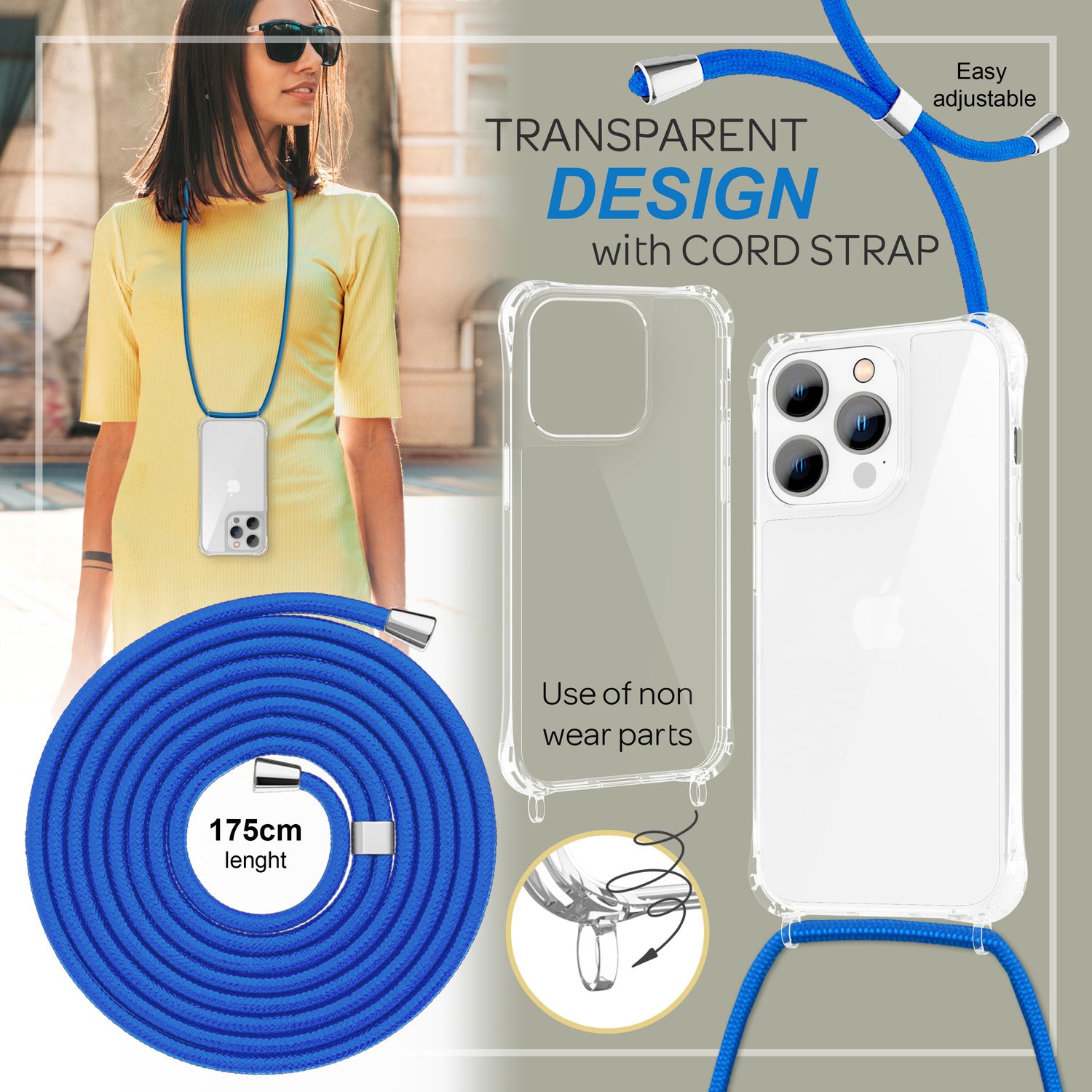 Hülle mit Kette für iPhone 14 Pro - Klare Handyhülle mit Schnur zum Umhängen Blau NALIA Transparente Hülle