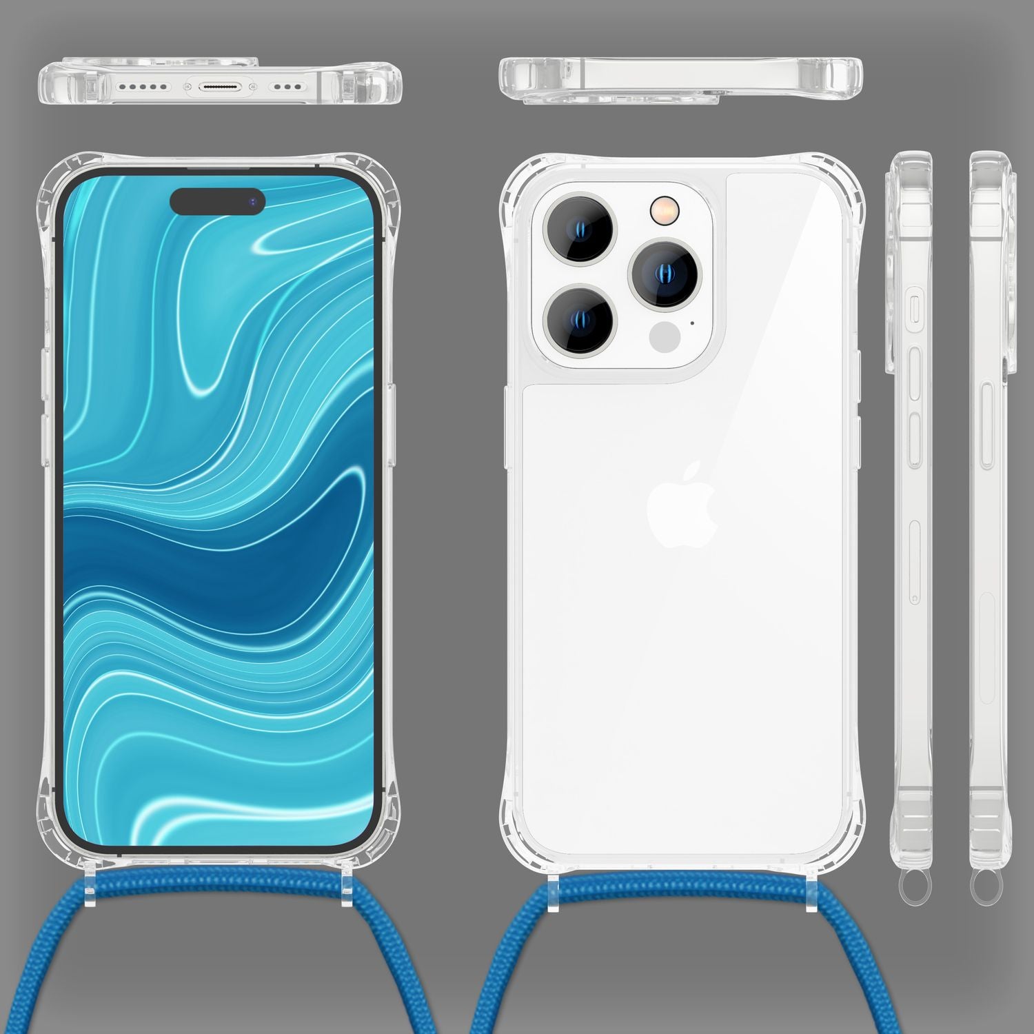 Hülle mit Kette für iPhone 14 Pro - Klare Handyhülle mit Schnur zum Umhängen Blau NALIA Transparente Hülle
