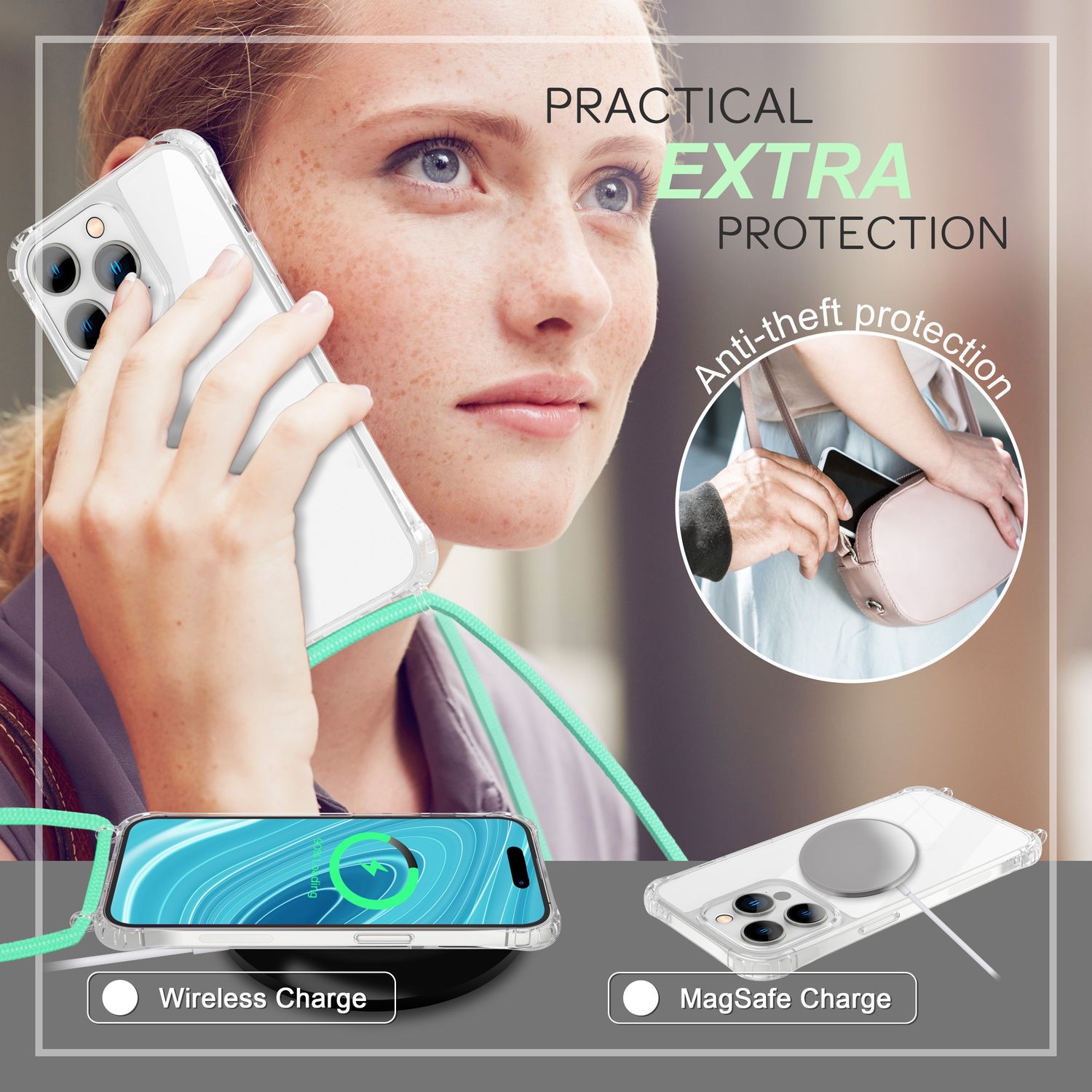 Hülle mit Kette für iPhone 14 Pro - Klare Handyhülle mit Schnur zum Umhängen Mint-Grün NALIA Transparente Hülle