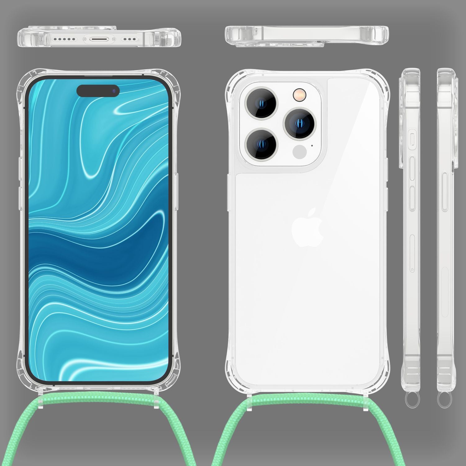 Hülle mit Kette für iPhone 14 Pro - Klare Handyhülle mit Schnur zum Umhängen Mint-Grün NALIA Transparente Hülle