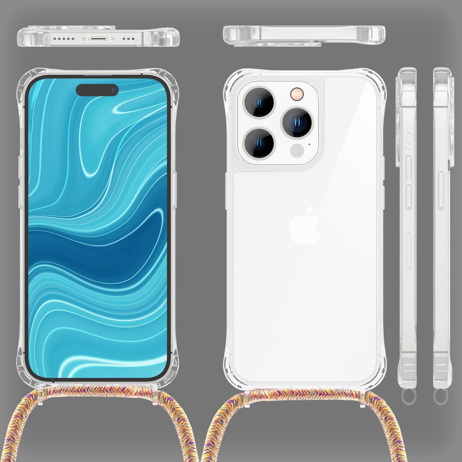 Hülle mit Kette für iPhone 14 Pro - Klare Handyhülle mit Schnur zum Umhängen Regenbogen NALIA Transparente Hülle