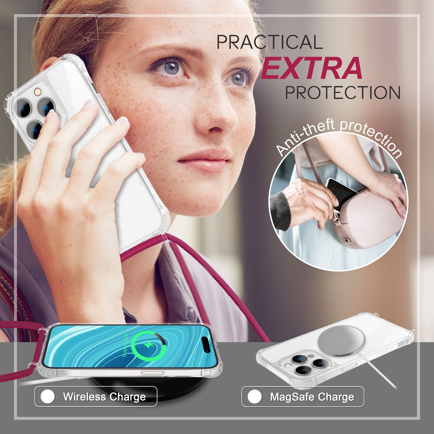 Hülle mit Kette für iPhone 14 Pro - Klare Handyhülle mit Schnur zum Umhängen Rot NALIA Transparente Hülle