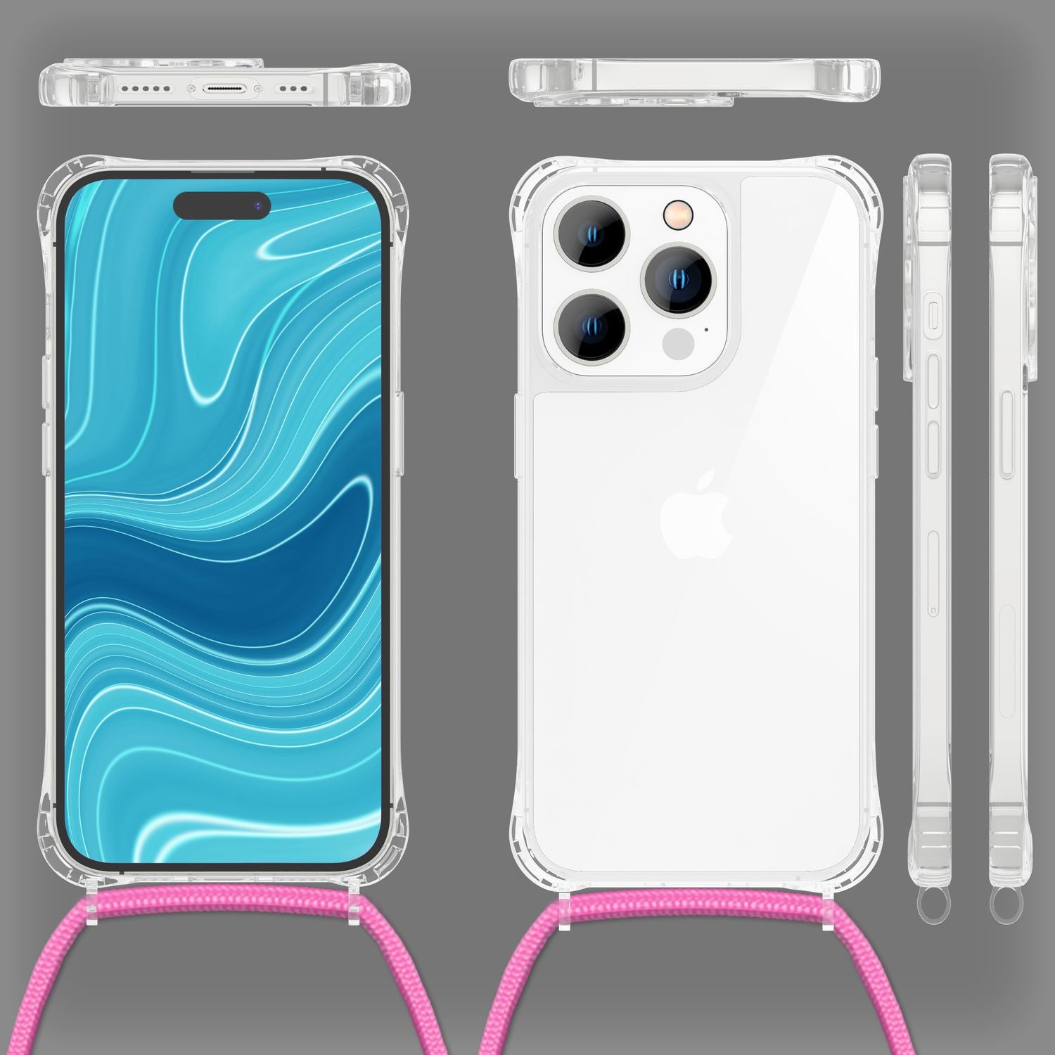 Hülle mit Kette für iPhone 14 Pro - Klare Handyhülle mit Schnur zum Umhängen Pink NALIA Transparente Hülle