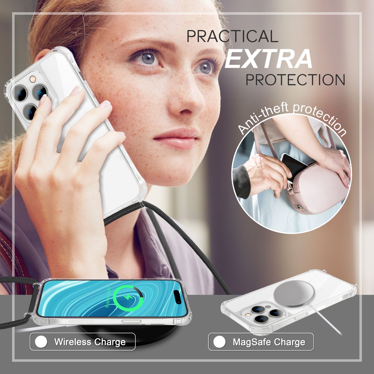 Hülle mit Kette für iPhone 14 Pro - Klare Handyhülle mit Schnur zum Umhängen Schwarz NALIA Transparente Hülle