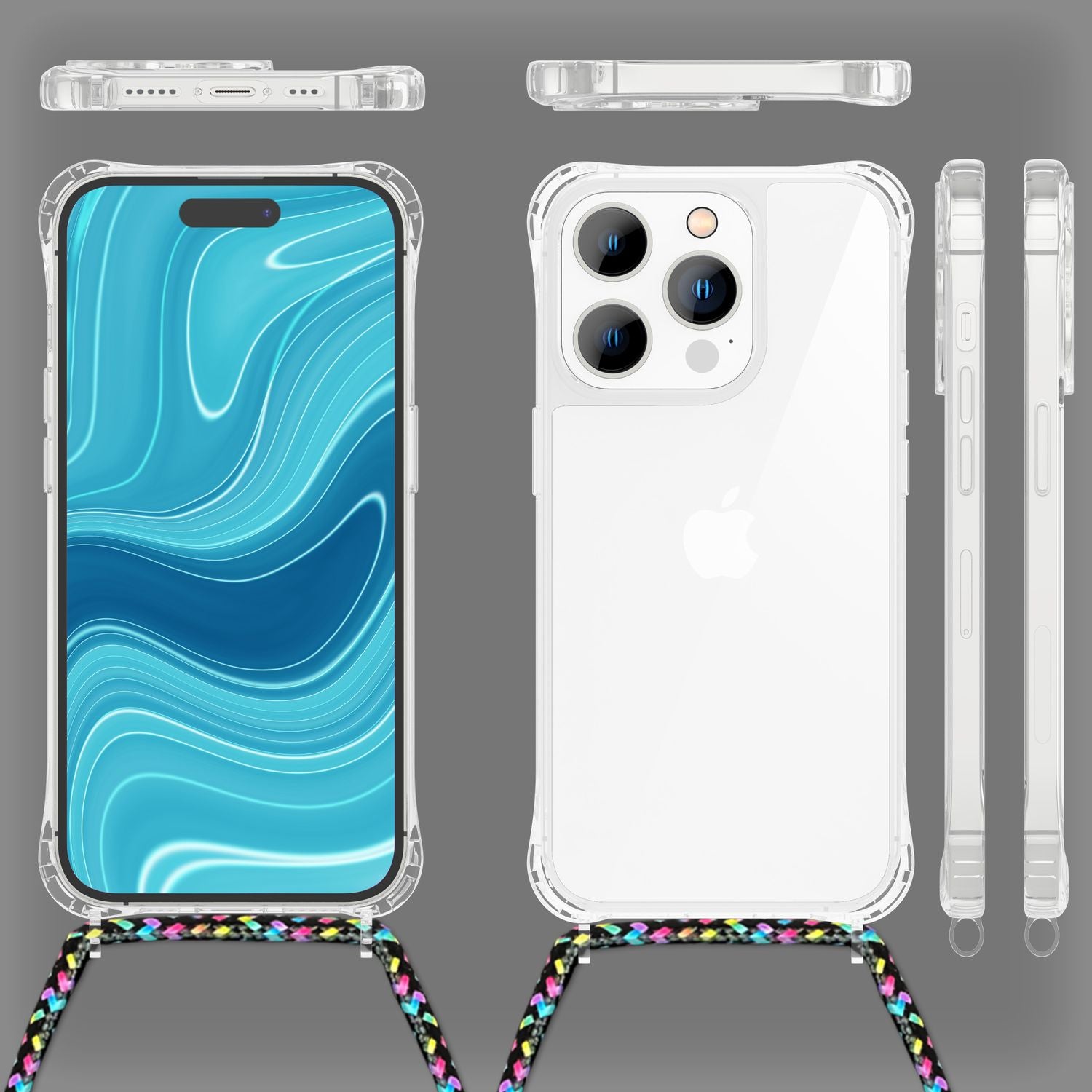 Hülle mit Kette für iPhone 14 Pro Max - Klare Handyhülle mit Band zum Umhängen Schwarz Bunt NALIA Transparente Hülle