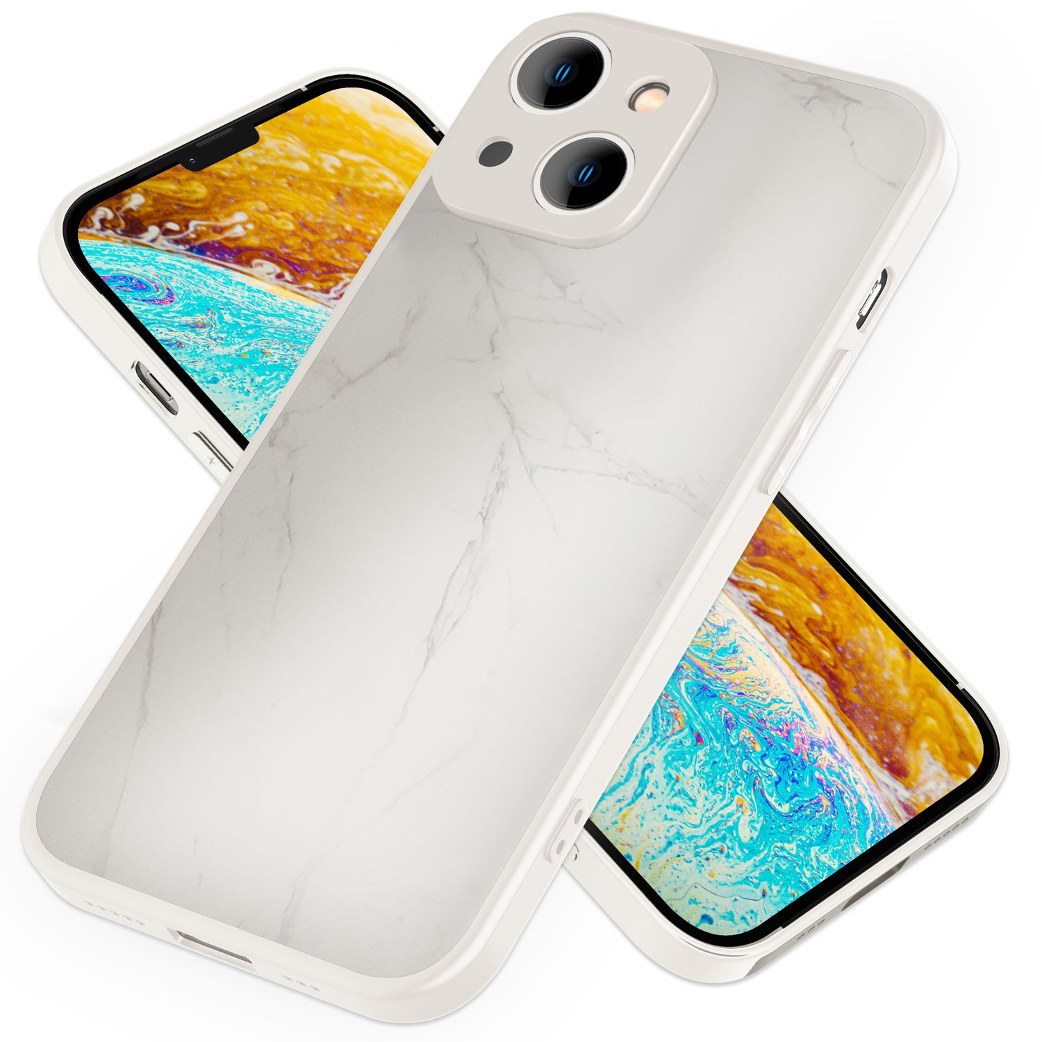Glas Hülle für iPhone 14, Marmor Look Hardcase Silikon Rahmen Handy Schutz Cover Weiß NALIA Protective Hülle