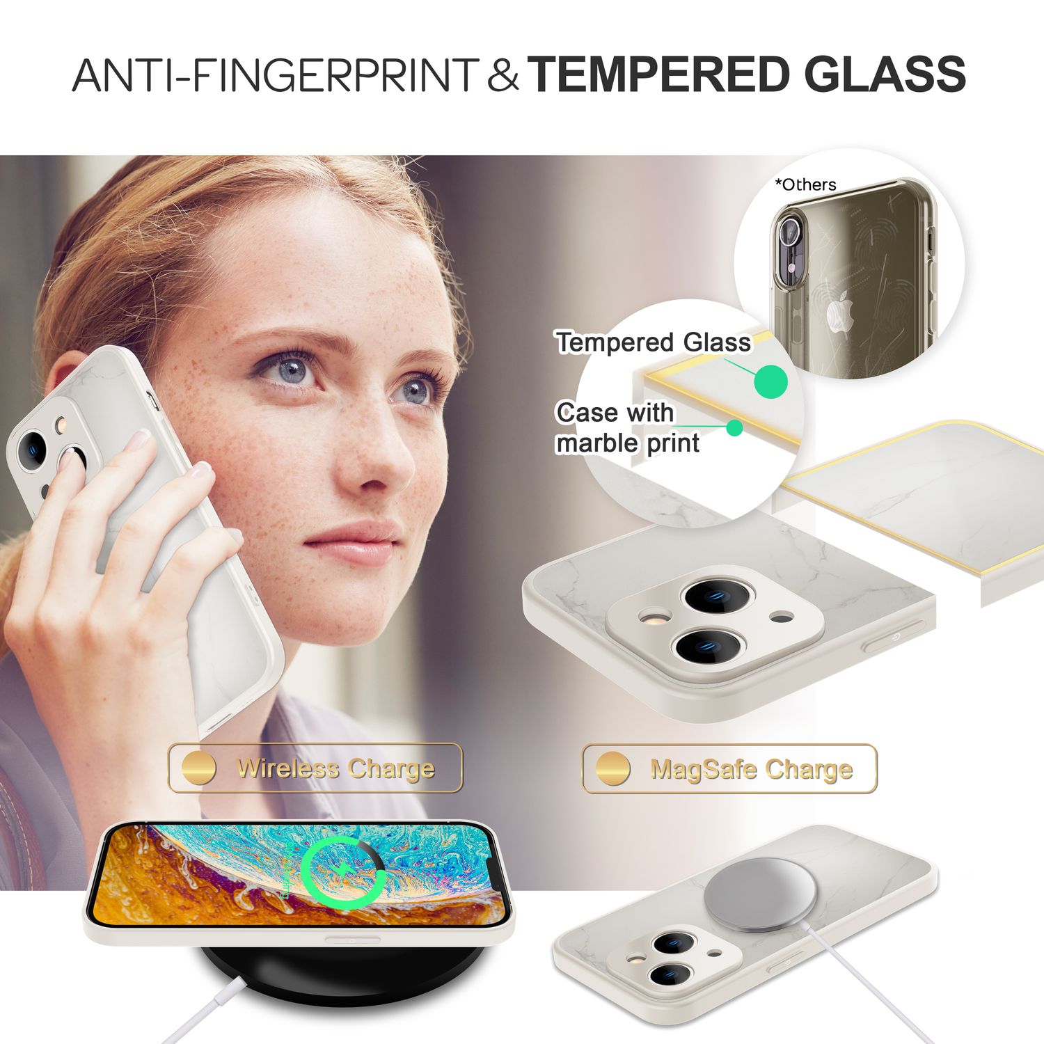 Glas Hülle für iPhone 14, Marmor Look Hardcase Silikon Rahmen Handy Schutz Cover Weiß NALIA Protective Hülle