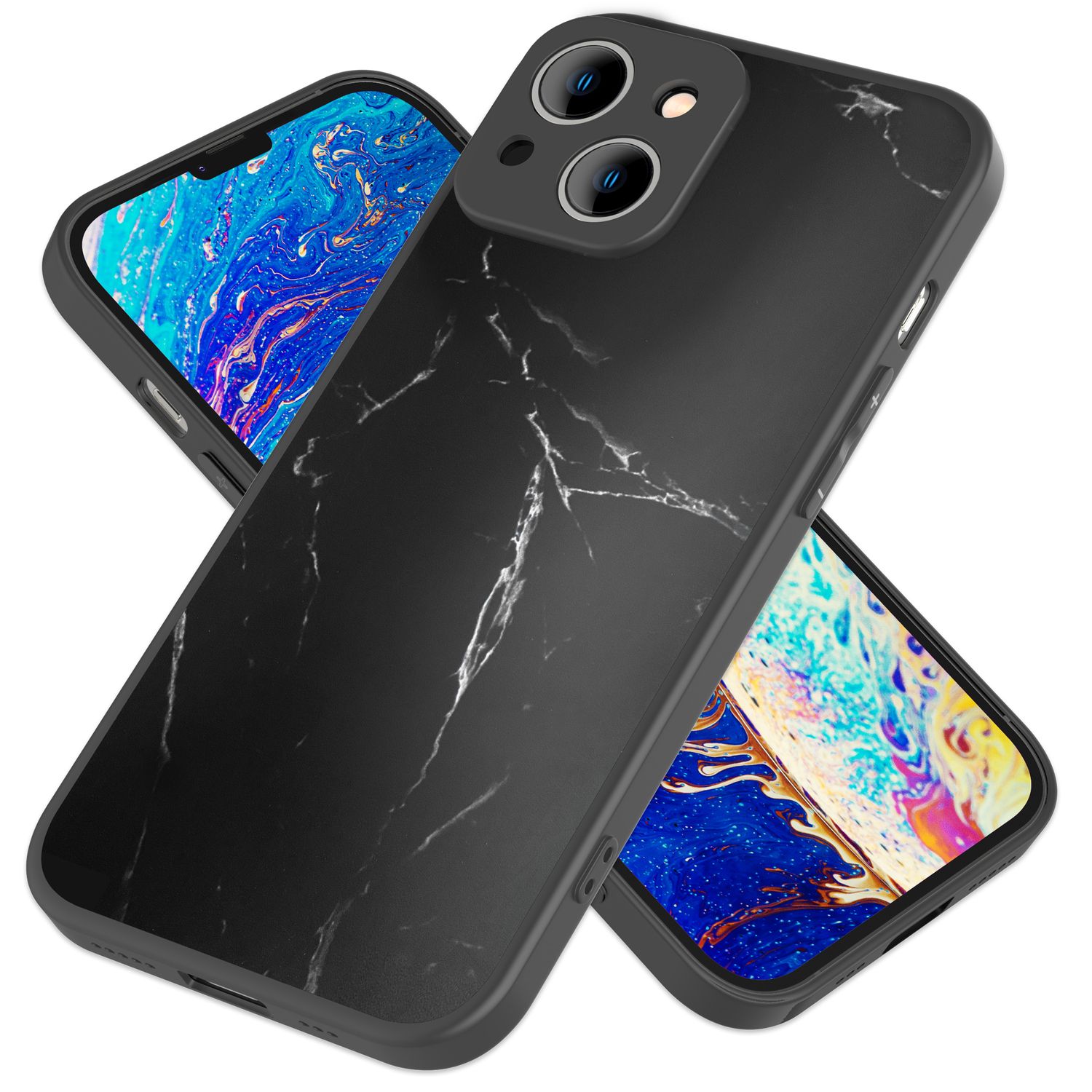 Glas Hülle für iPhone 14 Plus, Marmor Look Hardcase Silikon Rahmen Handy Cover Schwarz NALIA Protective Hülle