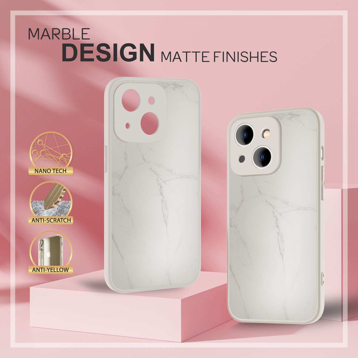 Glas Hülle für iPhone 14 Plus, Marmor Look Hardcase Silikon Rahmen Handy Cover Weiß NALIA Protective Hülle