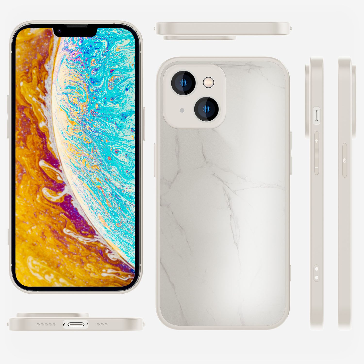 Glas Hülle für iPhone 14 Plus, Marmor Look Hardcase Silikon Rahmen Handy Cover Weiß NALIA Protective Hülle