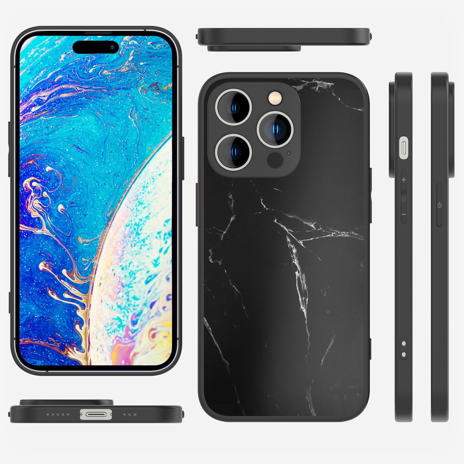 Glas Hülle für iPhone 14 Pro, Marmor Look Hardcase Silikon Rahmen Handy Cover Schwarz NALIA Protective Hülle