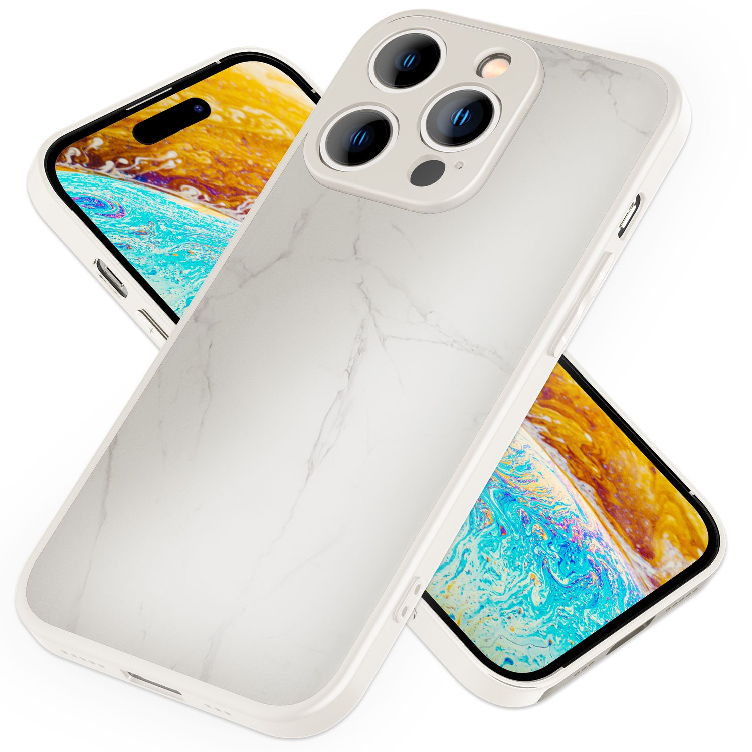 Glas Hülle für iPhone 14 Pro Max, Marmor Look Hardcase Silikon Rand Handy Cover Weiß NALIA Protective Hülle