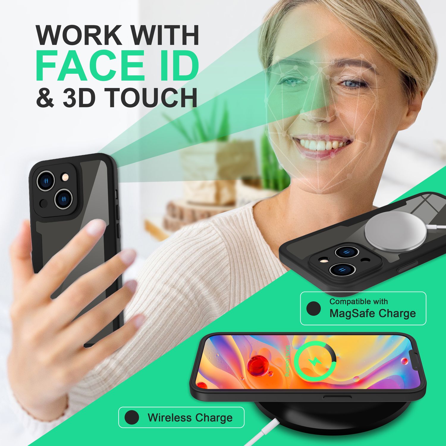 360° Hülle für iPhone 14, Klar Antigelb Hard Cover Rundum Schutz Silikon Rahmen