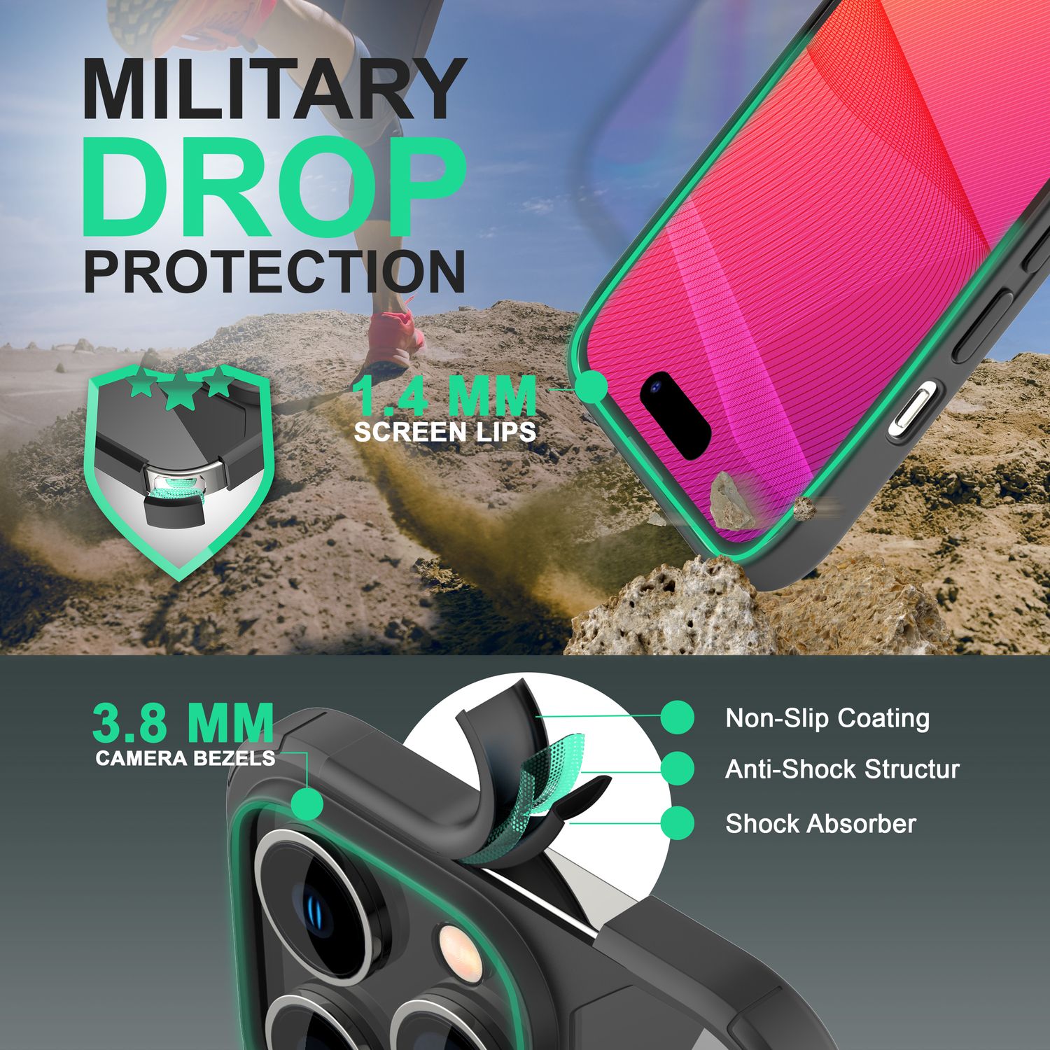 Hybrid Hülle für iPhone 14 Pro - Klar Transparent Acryl Cover Schutz Rahmen Case Schwarz NALIA Protective Hülle