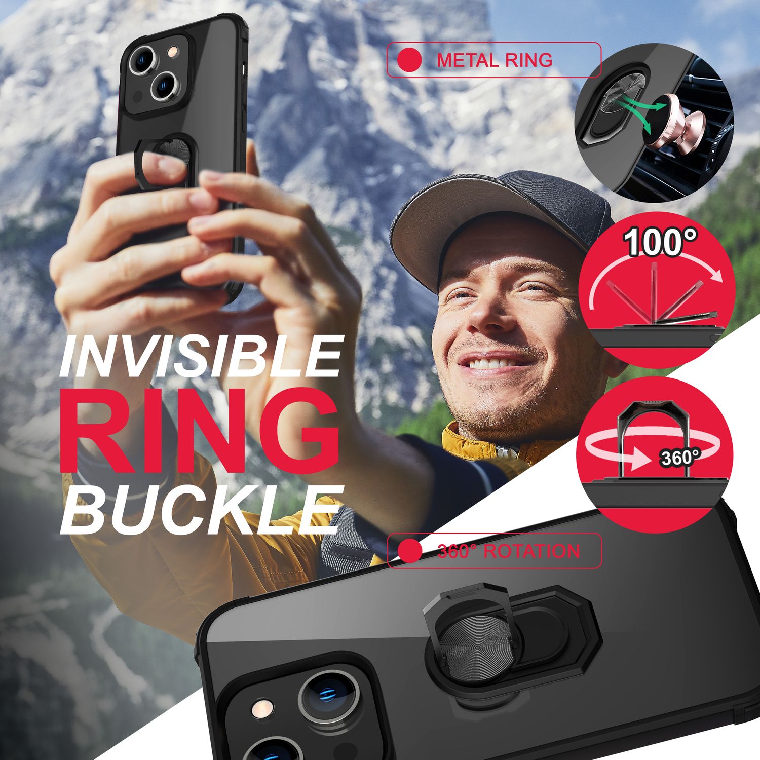 Ring Hülle für iPhone 14 - Klar Transparent Schutz Rahmen 360° Ring Aufsteller Schwarz NALIA Protective Hülle