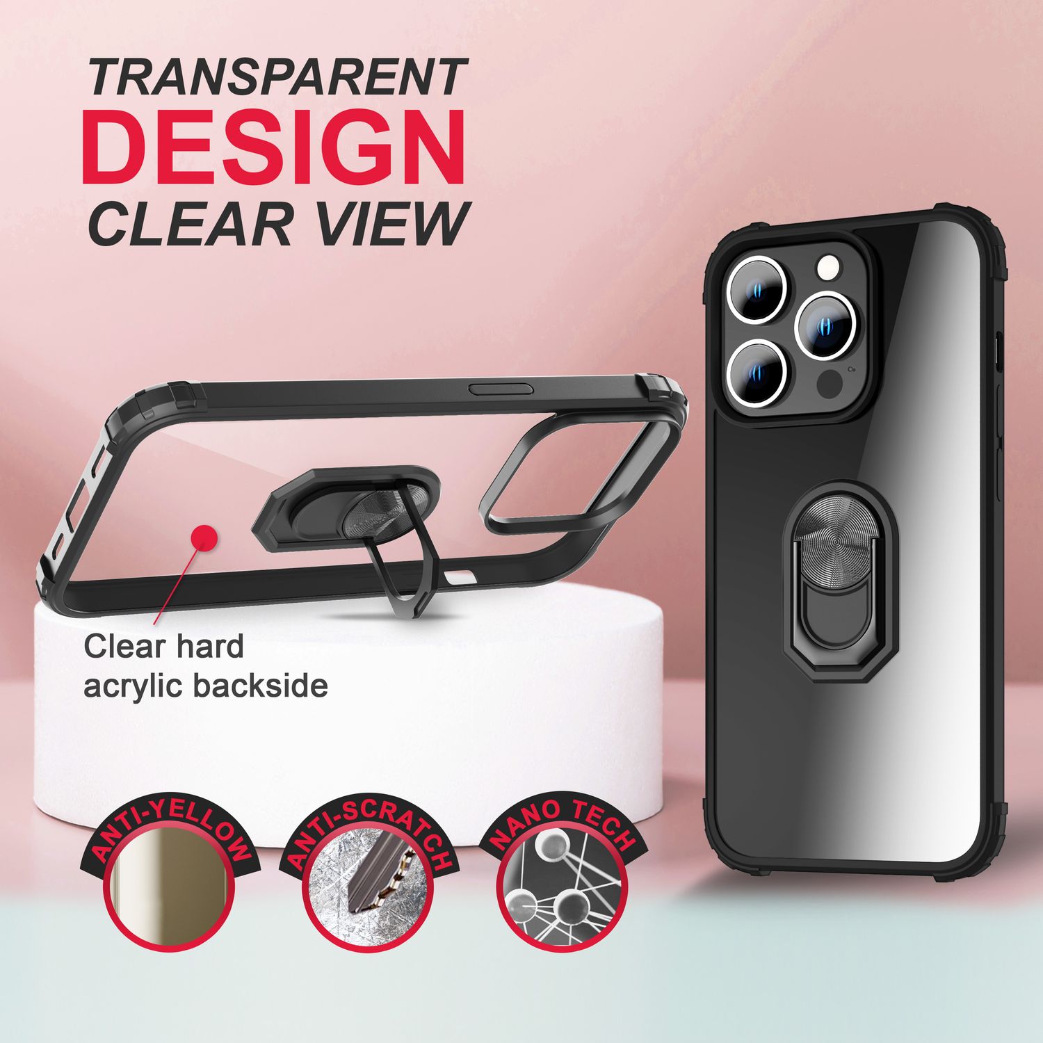 Ring Hülle für iPhone 14 Pro - Klar Transparent Schutz Rahmen 360° Ring Ständer Schwarz NALIA Protective Hülle