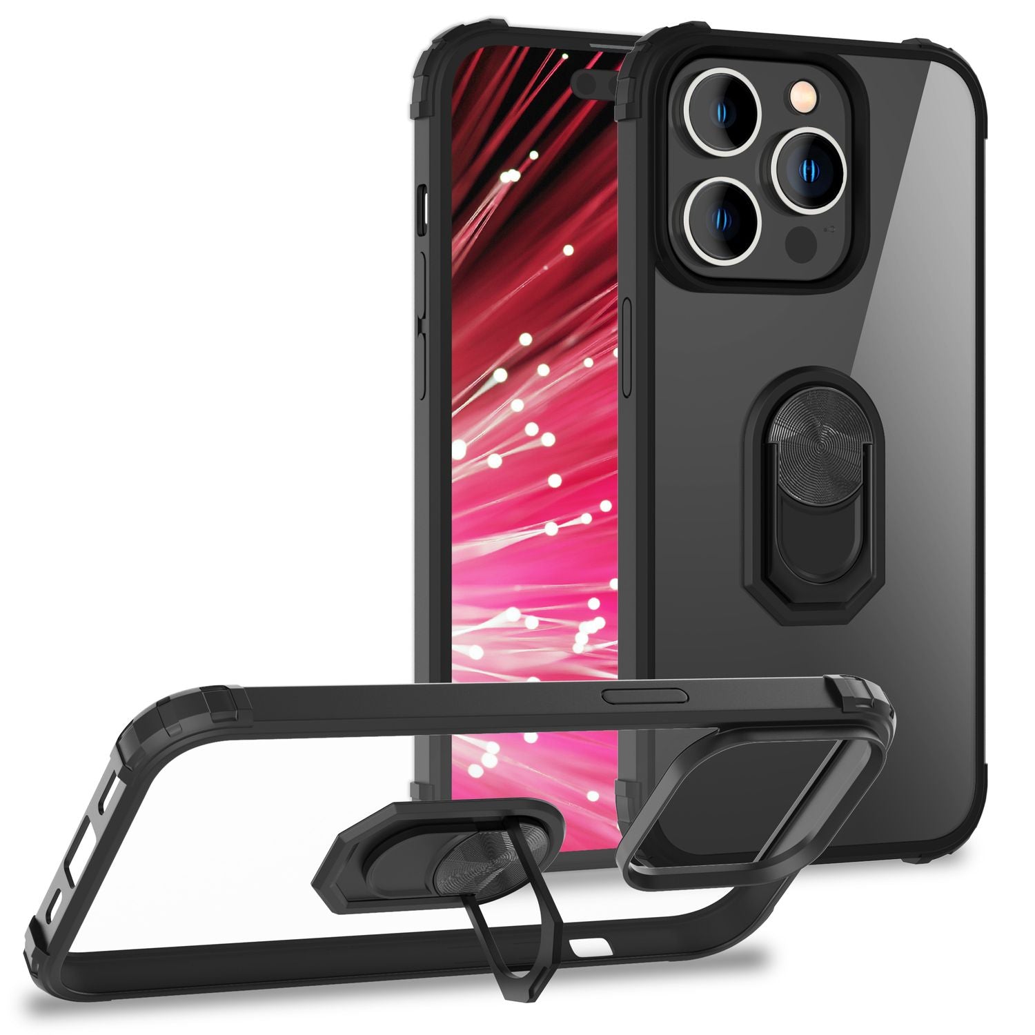 Ring Hülle für iPhone 14 Pro Max - Klar Transparent Schutz Rahmen 360° Ring Case Schwarz NALIA Protective Hülle