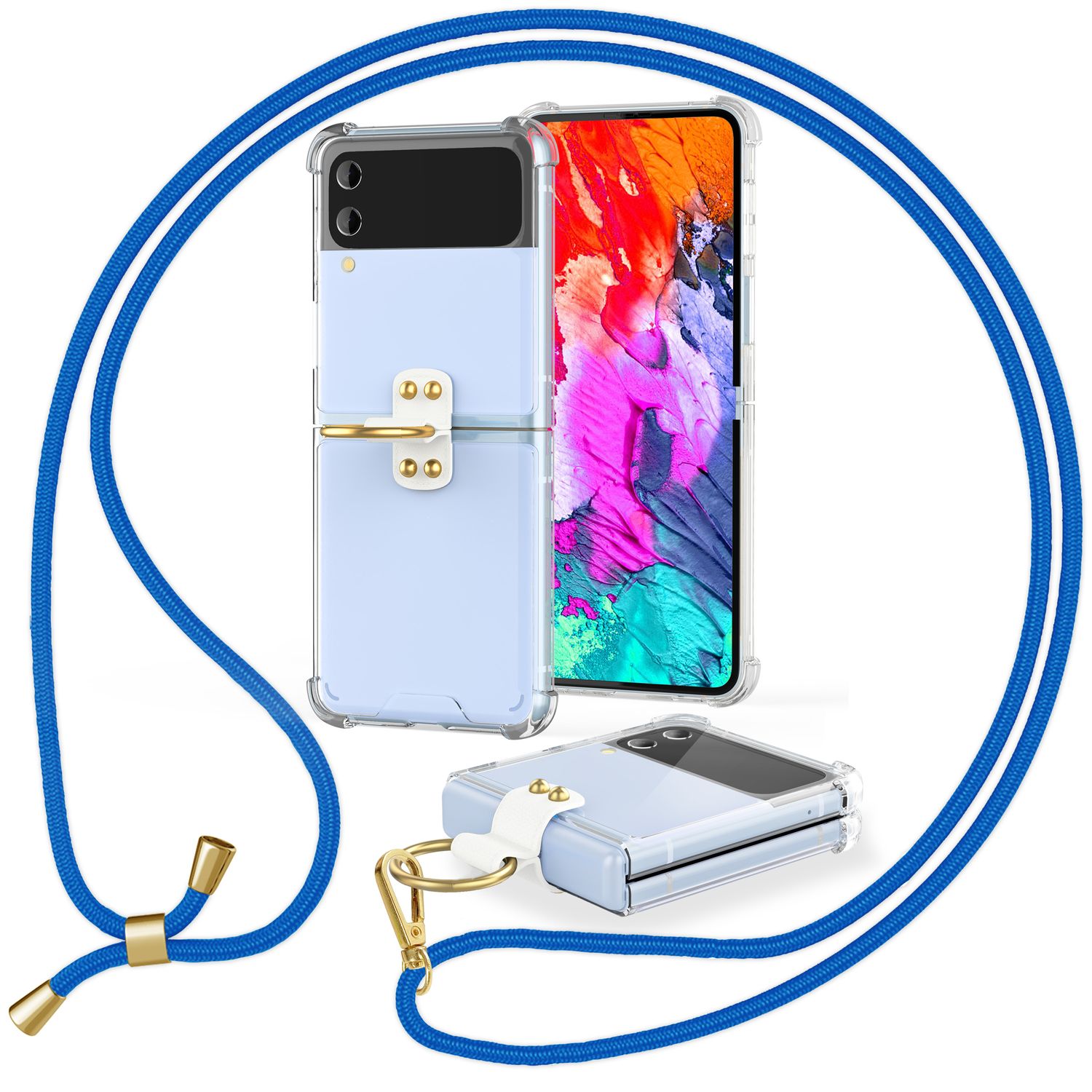 Umhänge Hülle für Samsung Galaxy Z Flip4 Klare Schutzhülle mit Band Schnur Ring Blau NALIA
