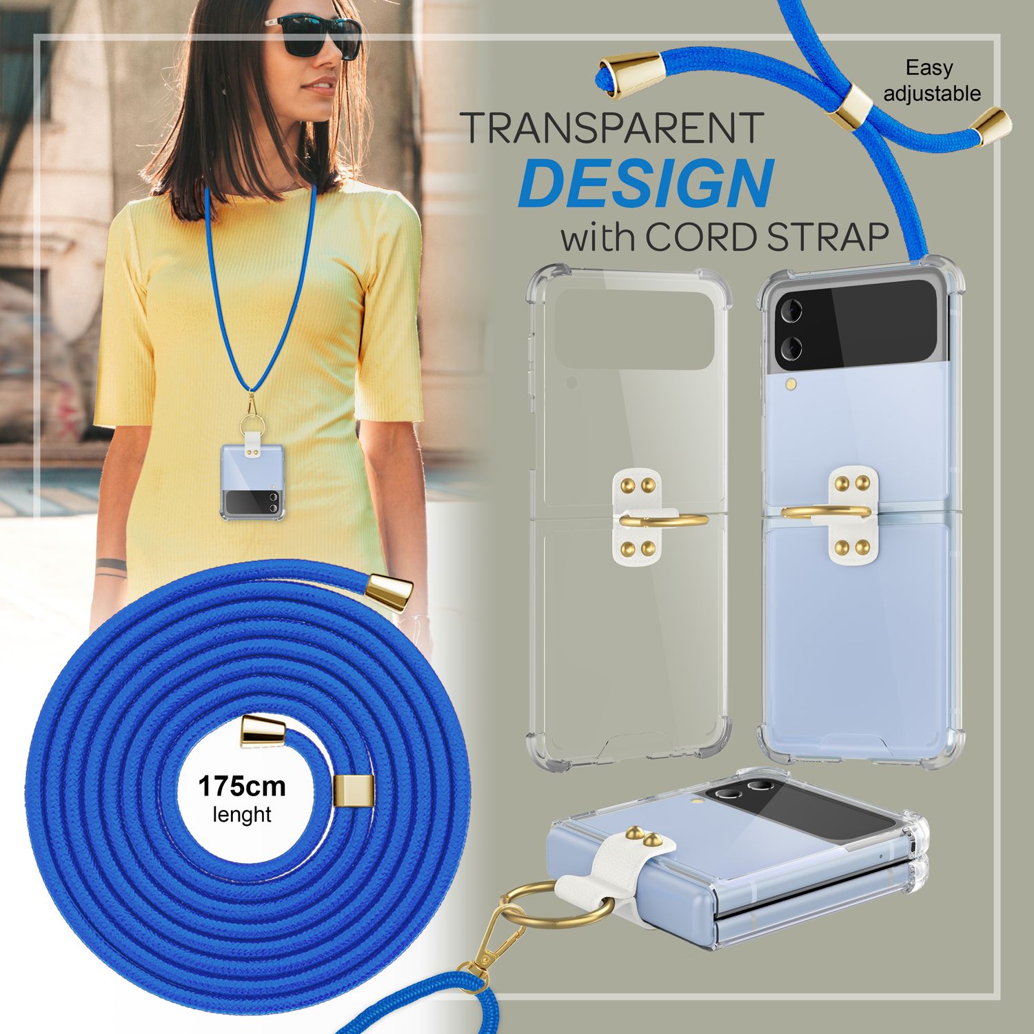 Umhänge Hülle für Samsung Galaxy Z Flip4 Klare Schutzhülle mit Band Schnur Ring Blau NALIA